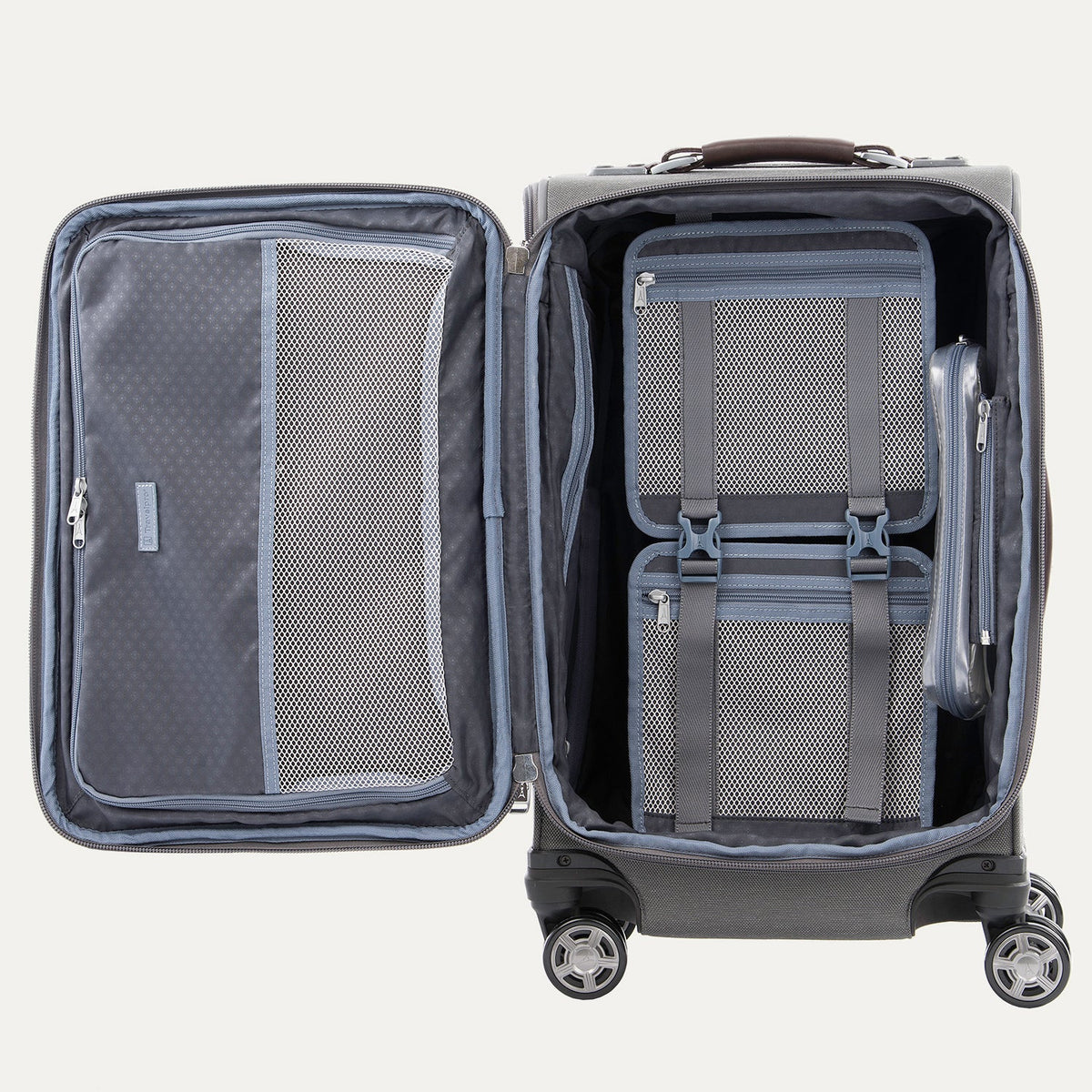 Travelpro Platinum Elite 21” Expandable Carry-On Spinner in Vintage Grey — interior view