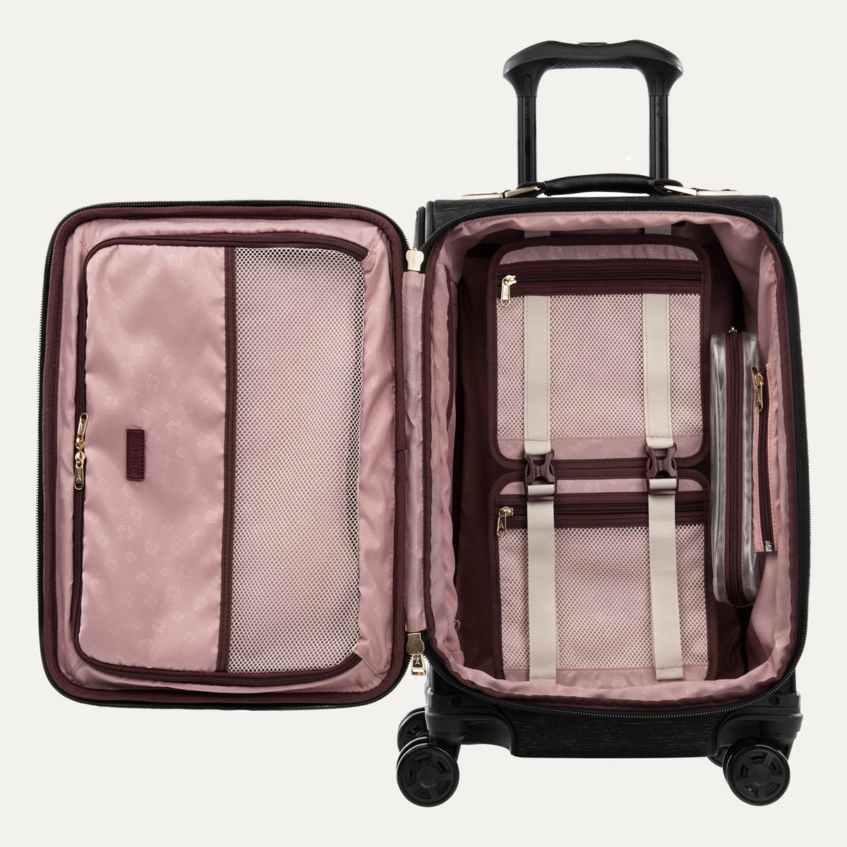 Travelpro Platinum Elite 21” Expandable Carry-On Spinner in Intrigue Black — interior view