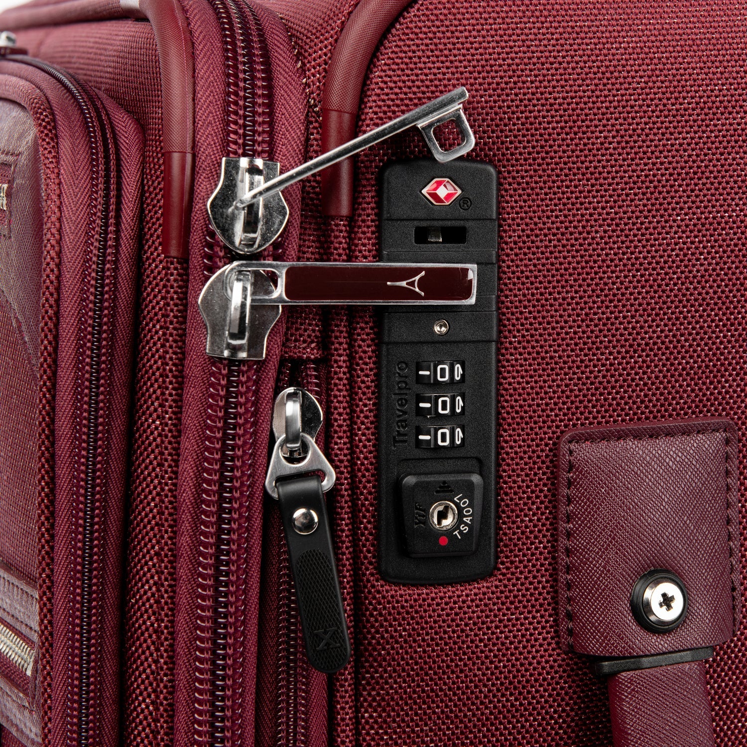 Travelpro Platinum Elite International Carry-On Expandable Spinner in Bordeaux — detail view