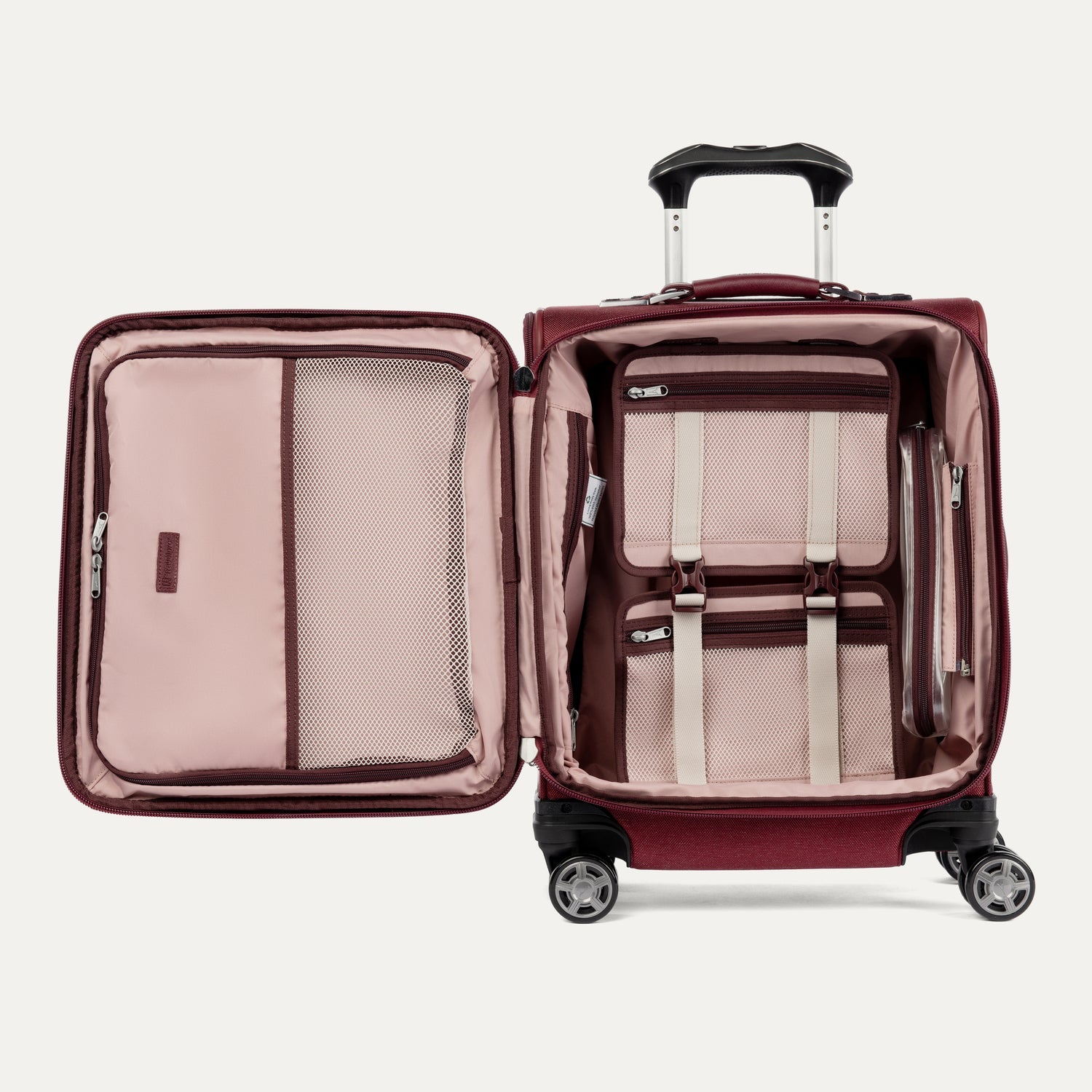 Travelpro Platinum Elite International Carry-On Expandable Spinner in Bordeaux — interior view