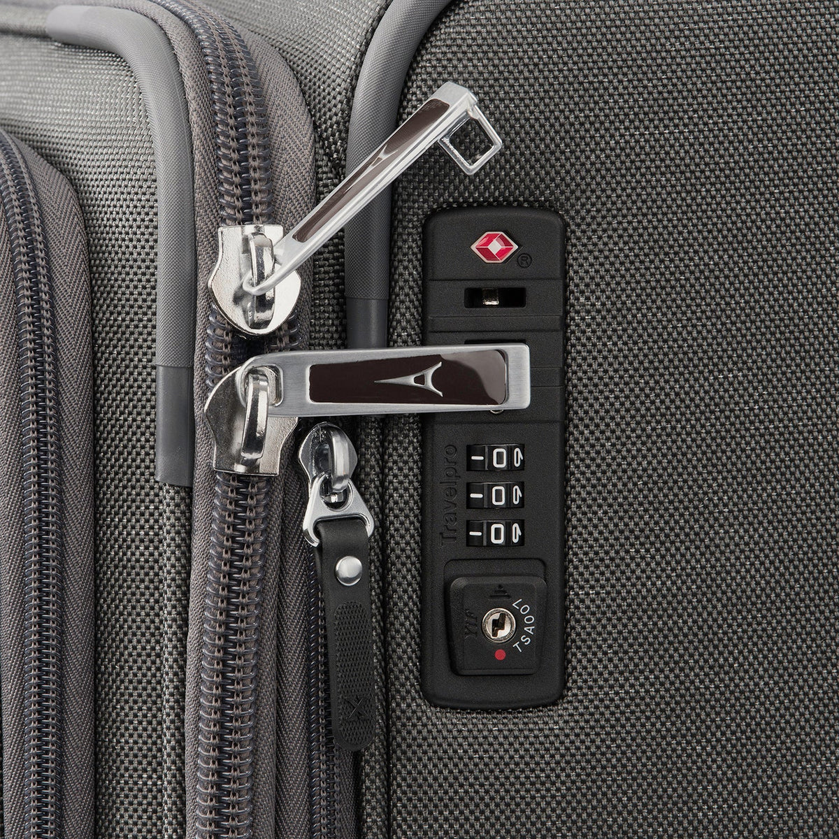 Travelpro Platinum Elite 29” Expandable Spinner in Vintage Grey — detail view