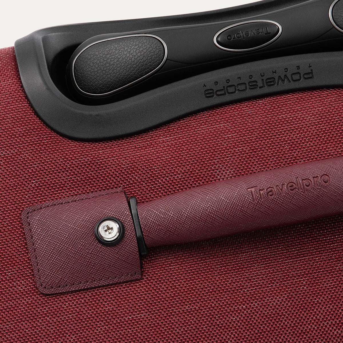 Travelpro Platinum Elite 29” Expandable Spinner in Bordeaux — detail view