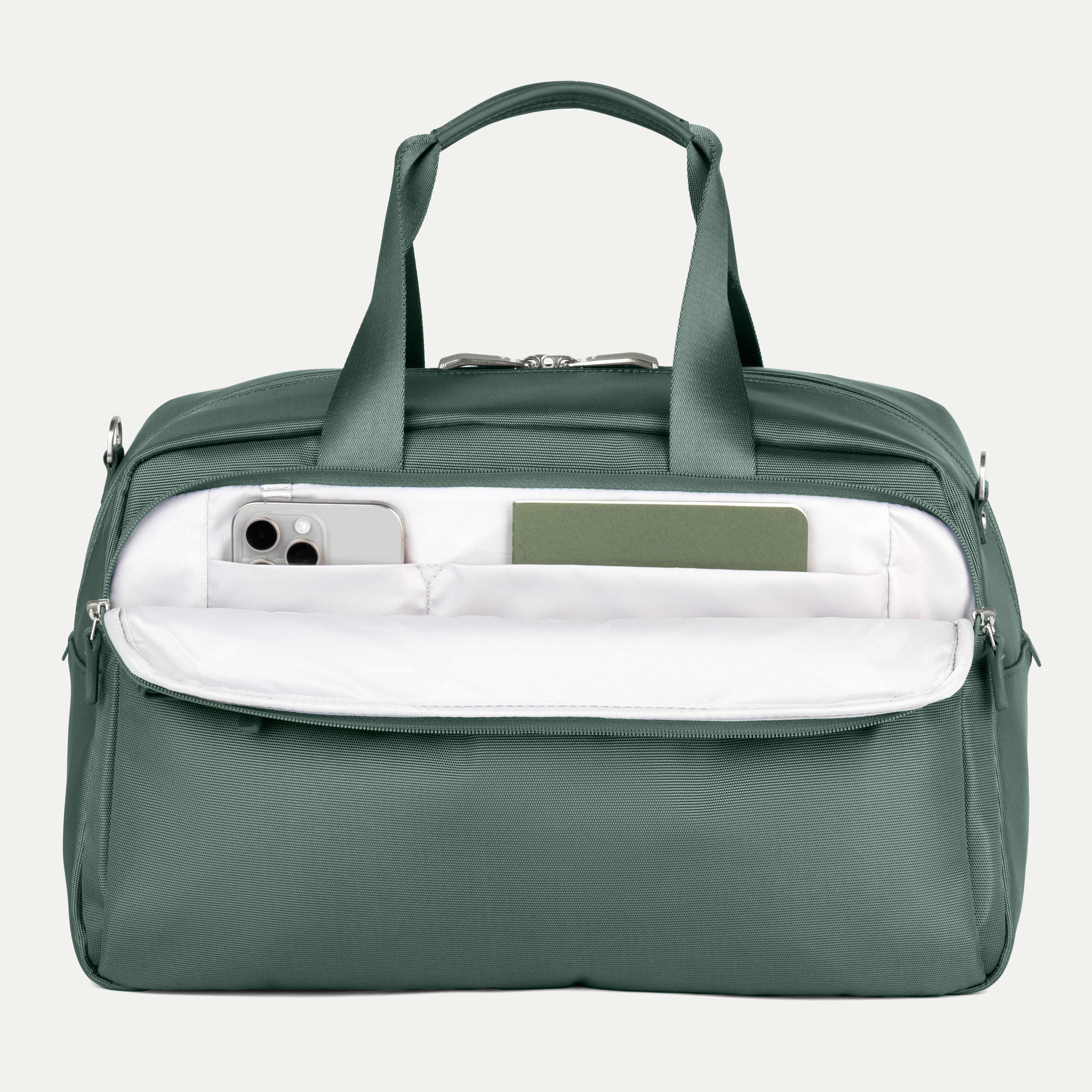 Travelpro VersaPack+ UnderSeat Tote in Desert Sage Green — interior view