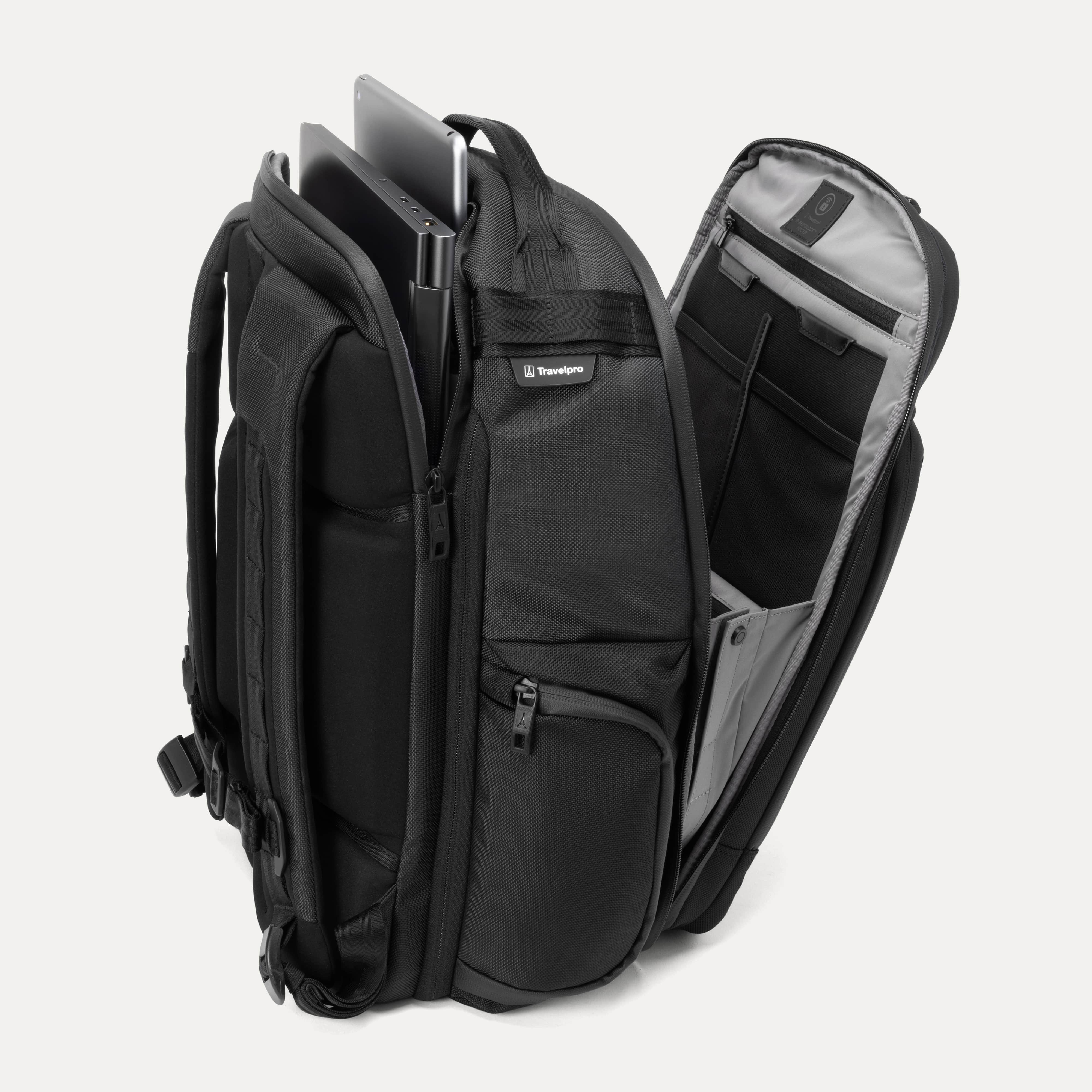 Travelpro Altitude Large Expandable Laptop Backpack 30-36L in Jet Black — interior view