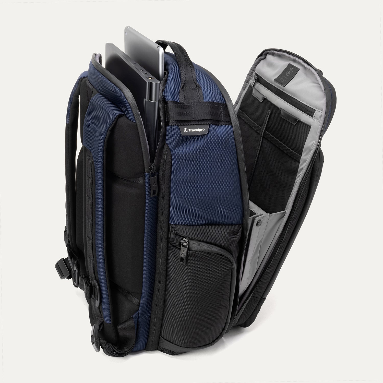 Travelpro Altitude Large Expandable Laptop Backpack 30-36L in Aviator Navy — interior view