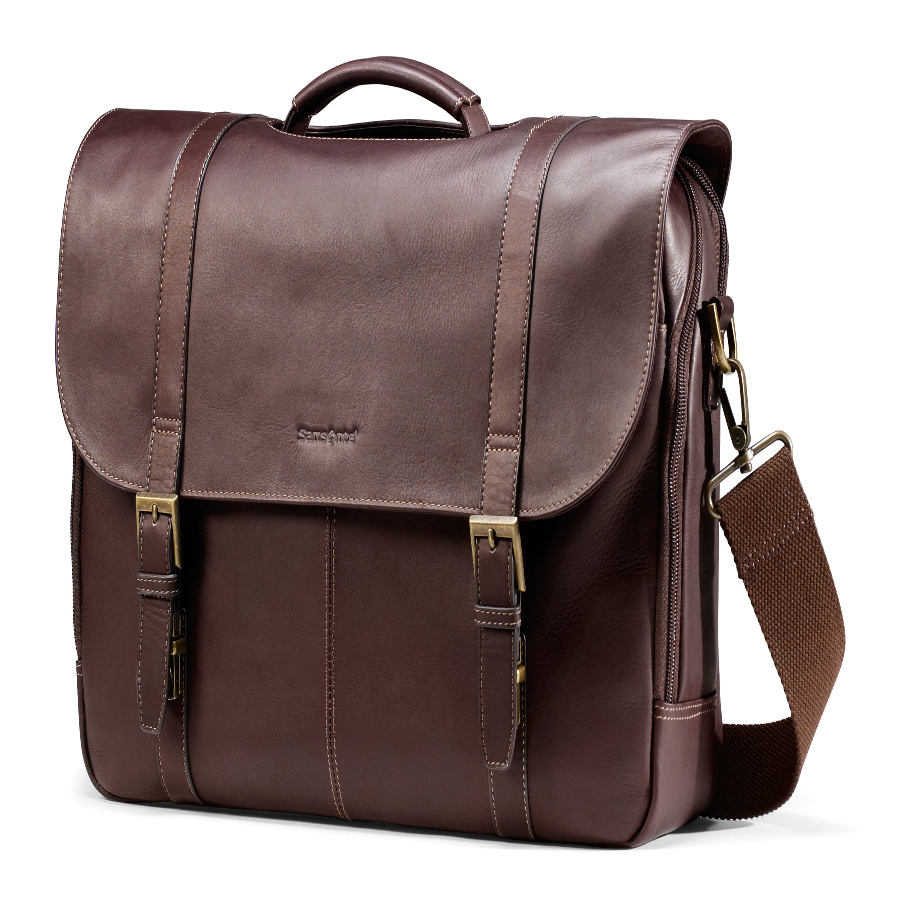 Samsonite Leather Flapover Case Double Gusset – brown, front view