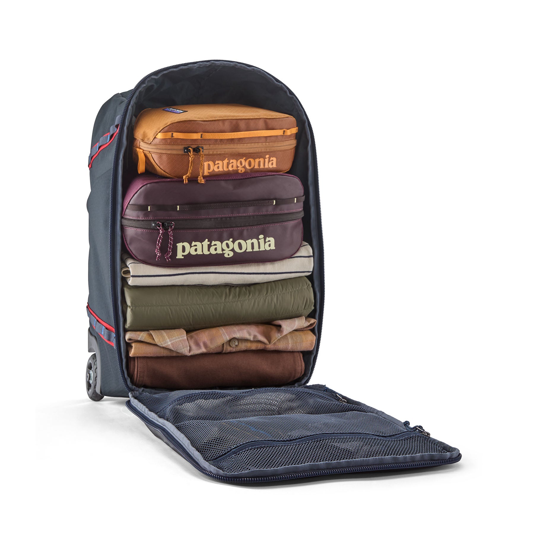 Patagonia Black Hole MLC Wheelie 34L in Smolder Blue/Amanita Red — detail view