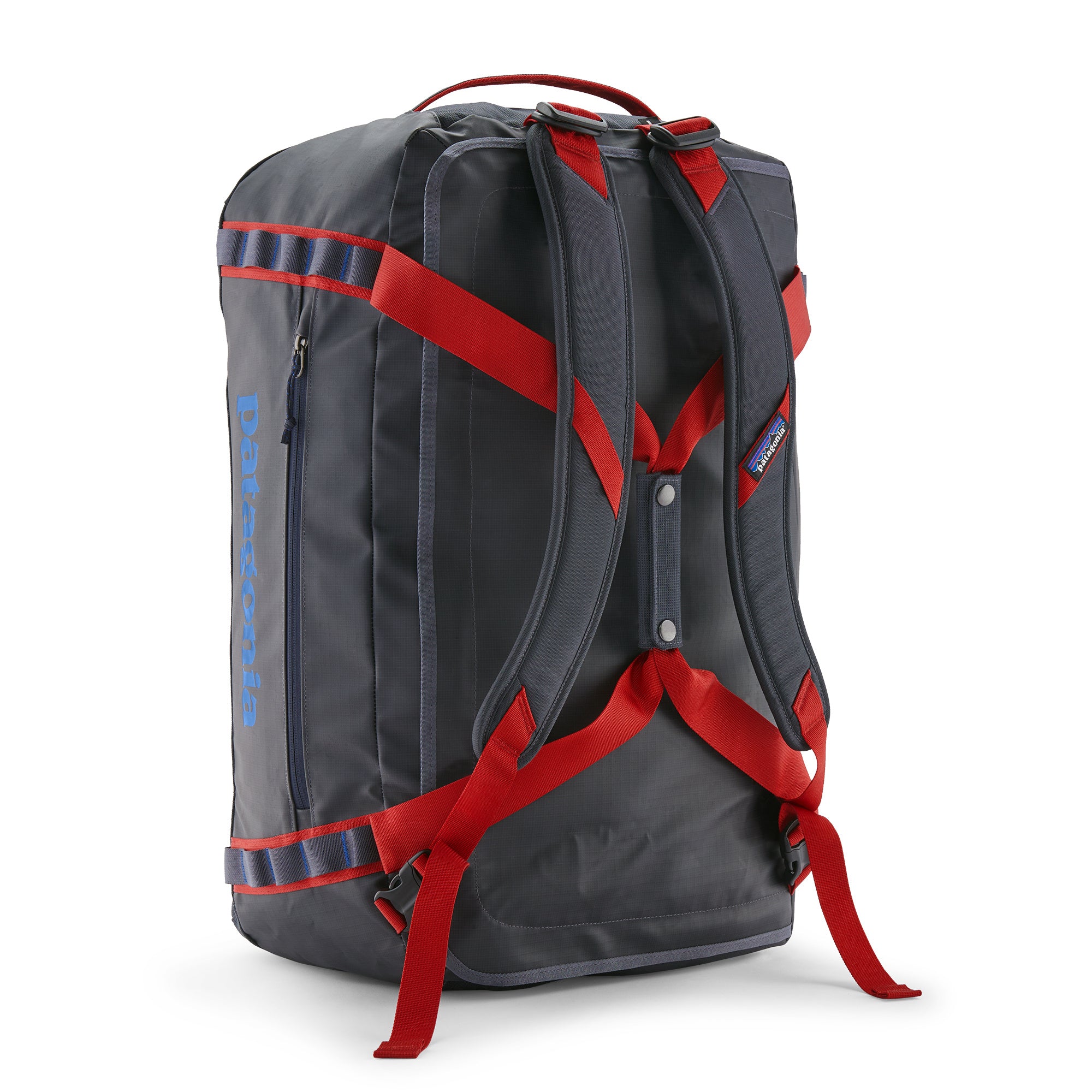 Patagonia Black Hole Duffel 55L in Smolder Blue/Amanita Red — angle view 2