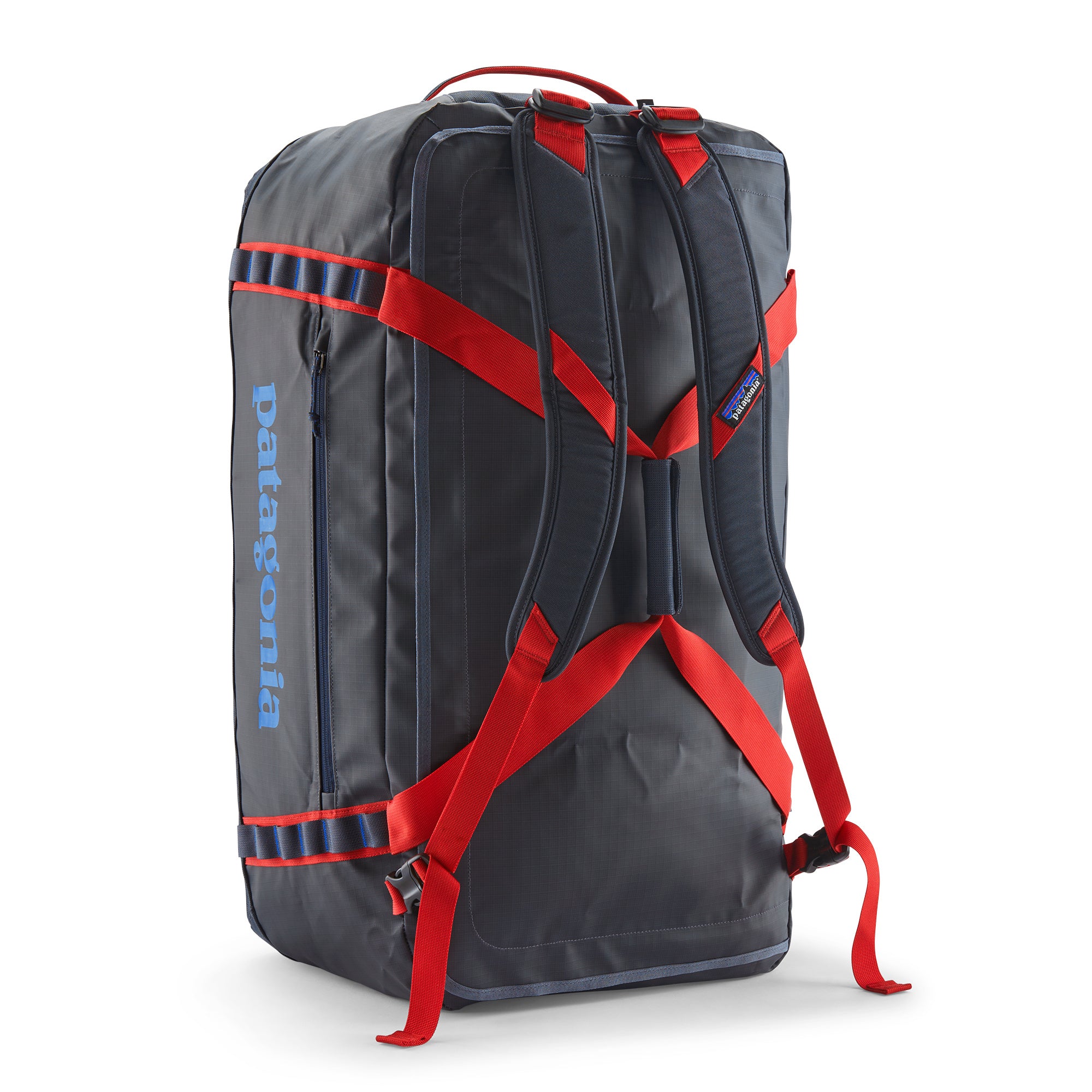 Patagonia Black Hole Duffel 70L in Smolder Blue/Amanita Red — angle view 2