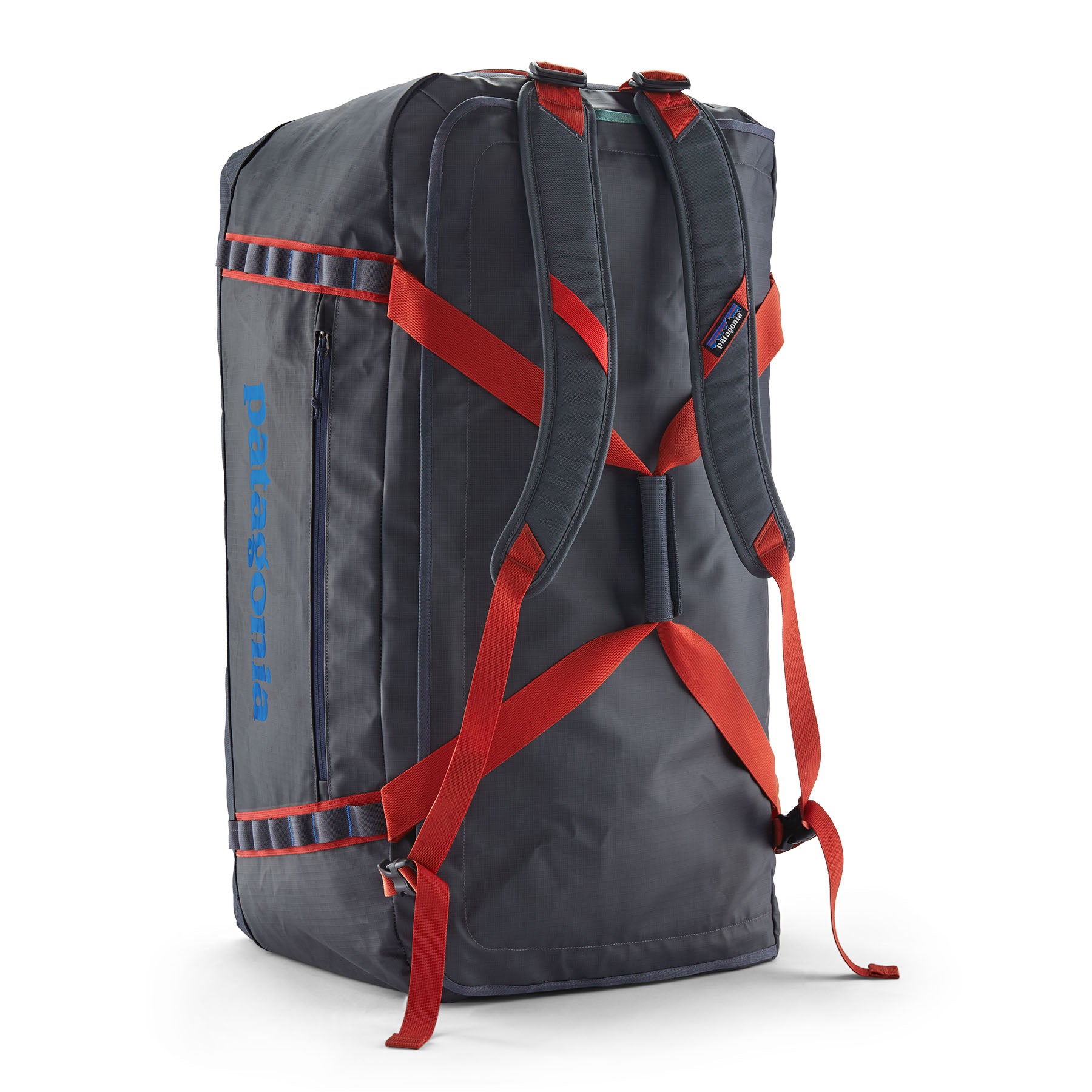 Patagonia Black Hole Duffel 100L in Smolder Blue/Amanita Red — angle view 2