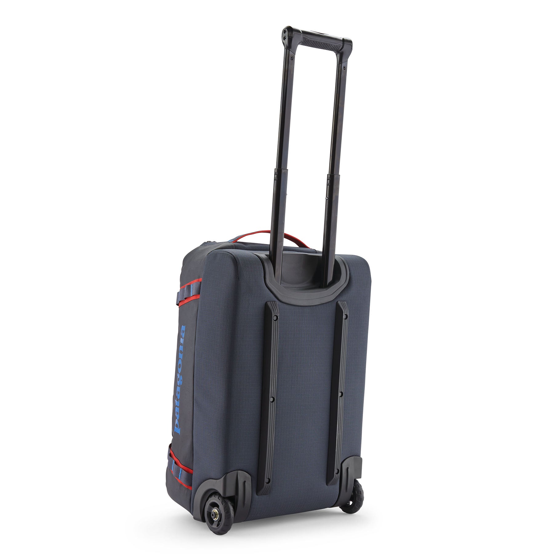 Patagonia Black Hole Wheeled Duffel 40L in Smolder Blue/Amanita Red — back view