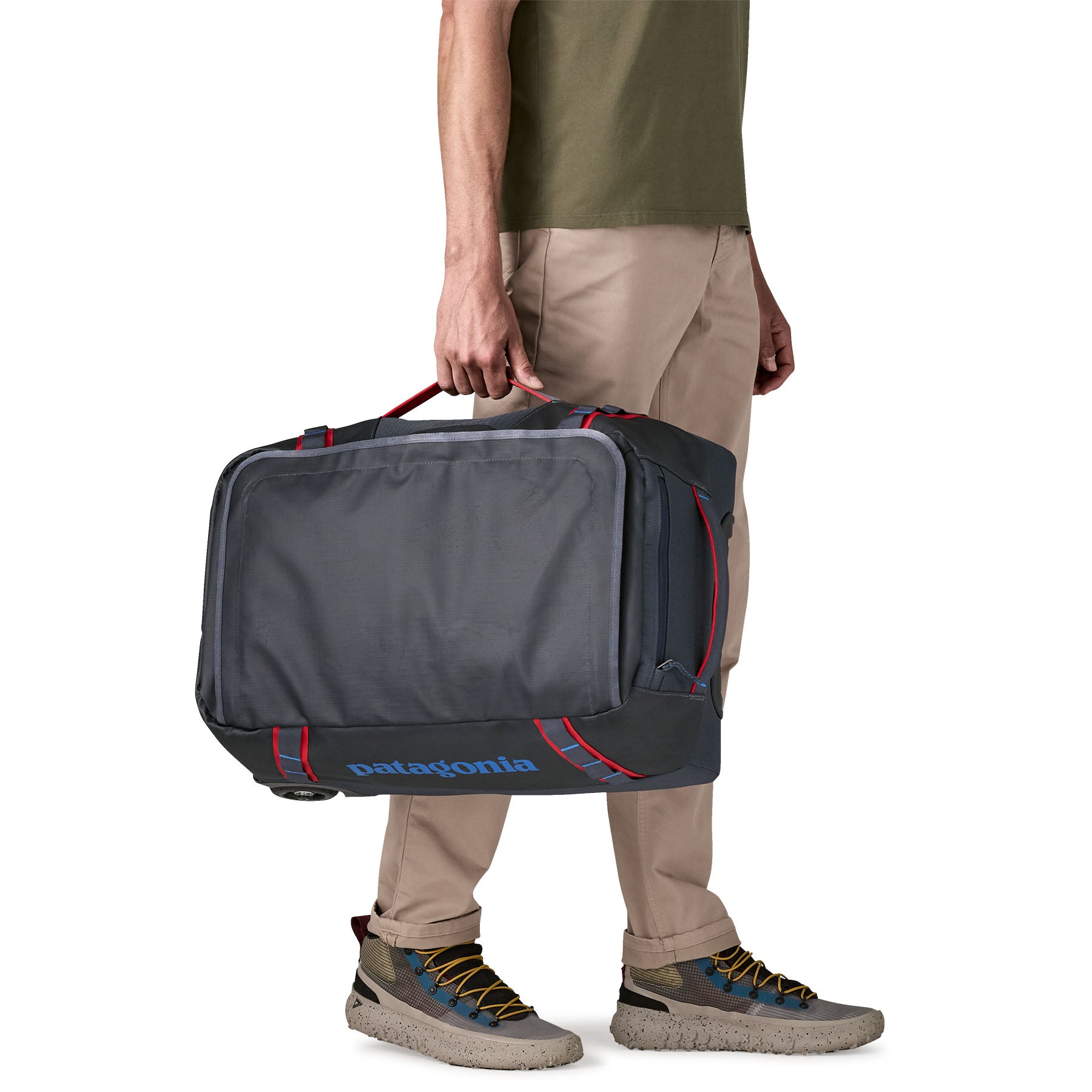 Patagonia Black Hole Wheeled Duffel 40L in Smolder Blue/Amanita Red — lifestyle 2