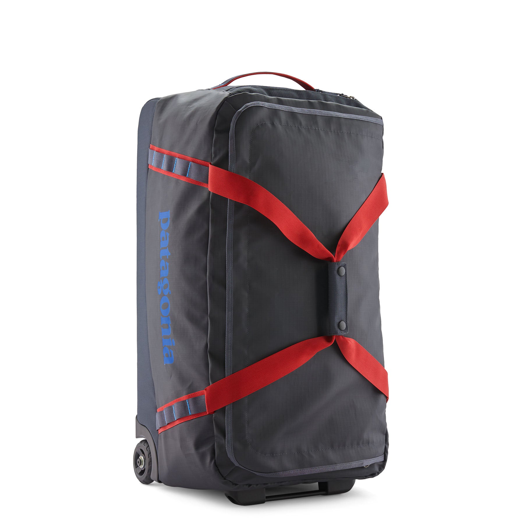 Patagonia Black Hole Wheeled Duffel 70L in Smolder Blue/Amanita Red — front view