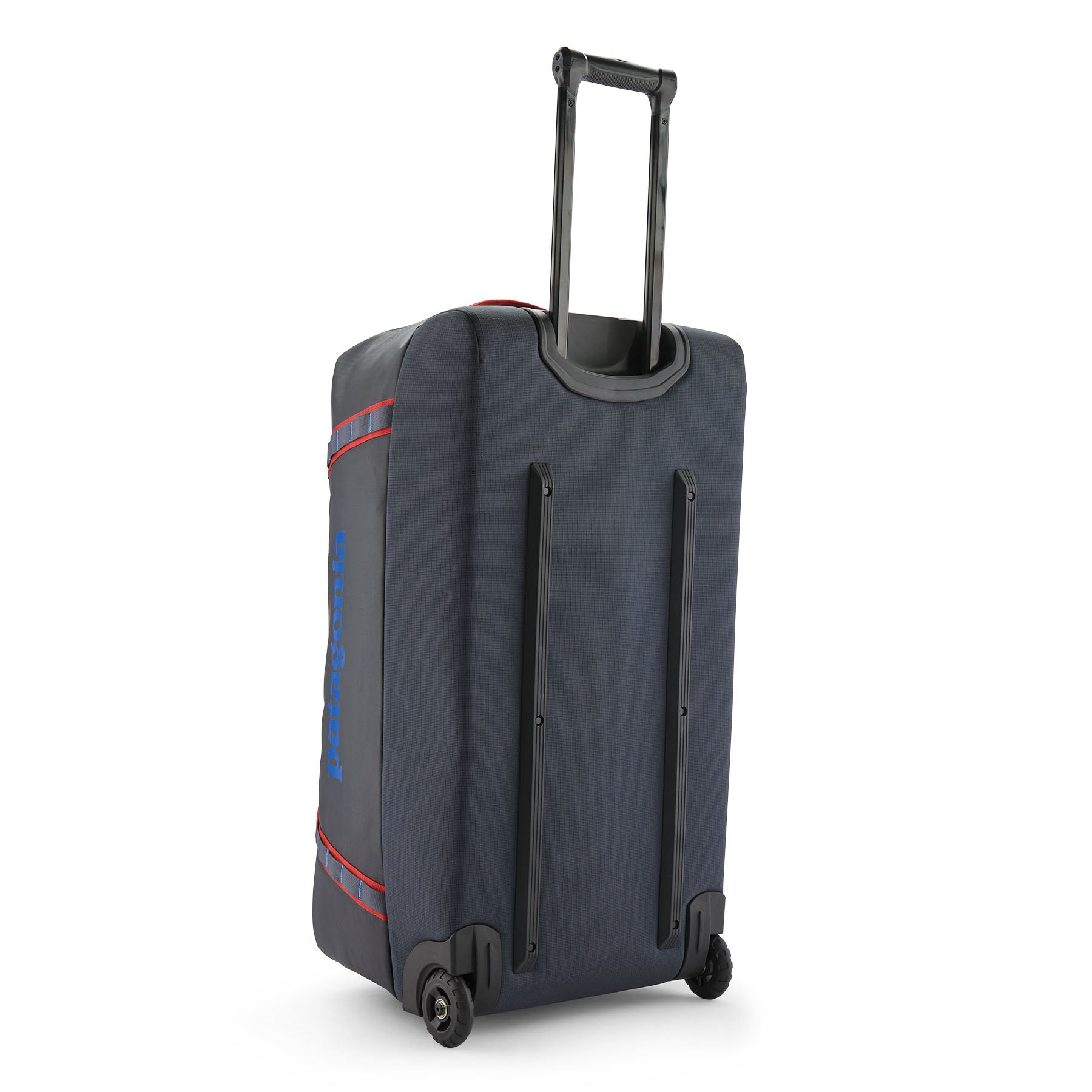 Patagonia Black Hole Wheeled Duffel 100L in Smolder Blue/Amanita Red — back view