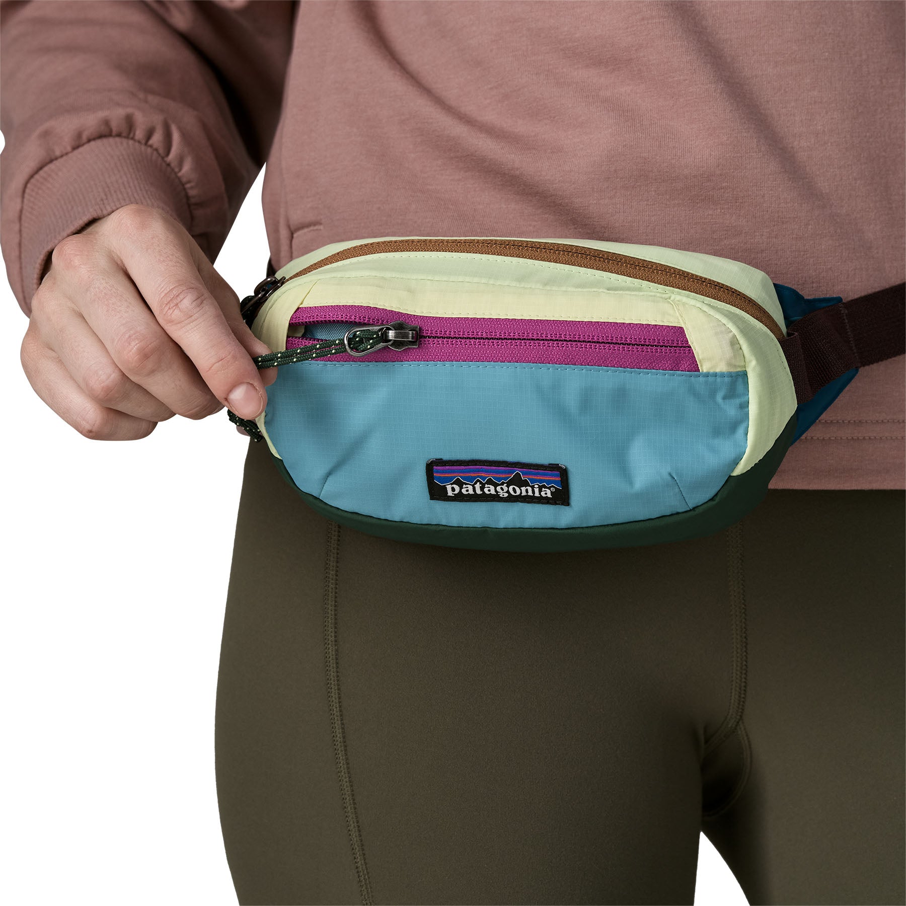 Patagonia Terravia Mini Hip Pack 1L in Patchwork: Snowmelt Blue — lifestyle