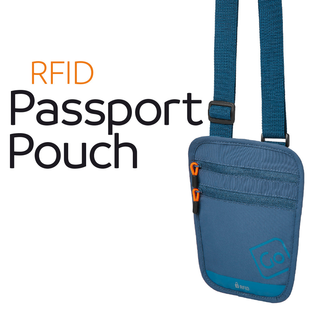 Go Travel RFID Passport Pouch – blue, front view