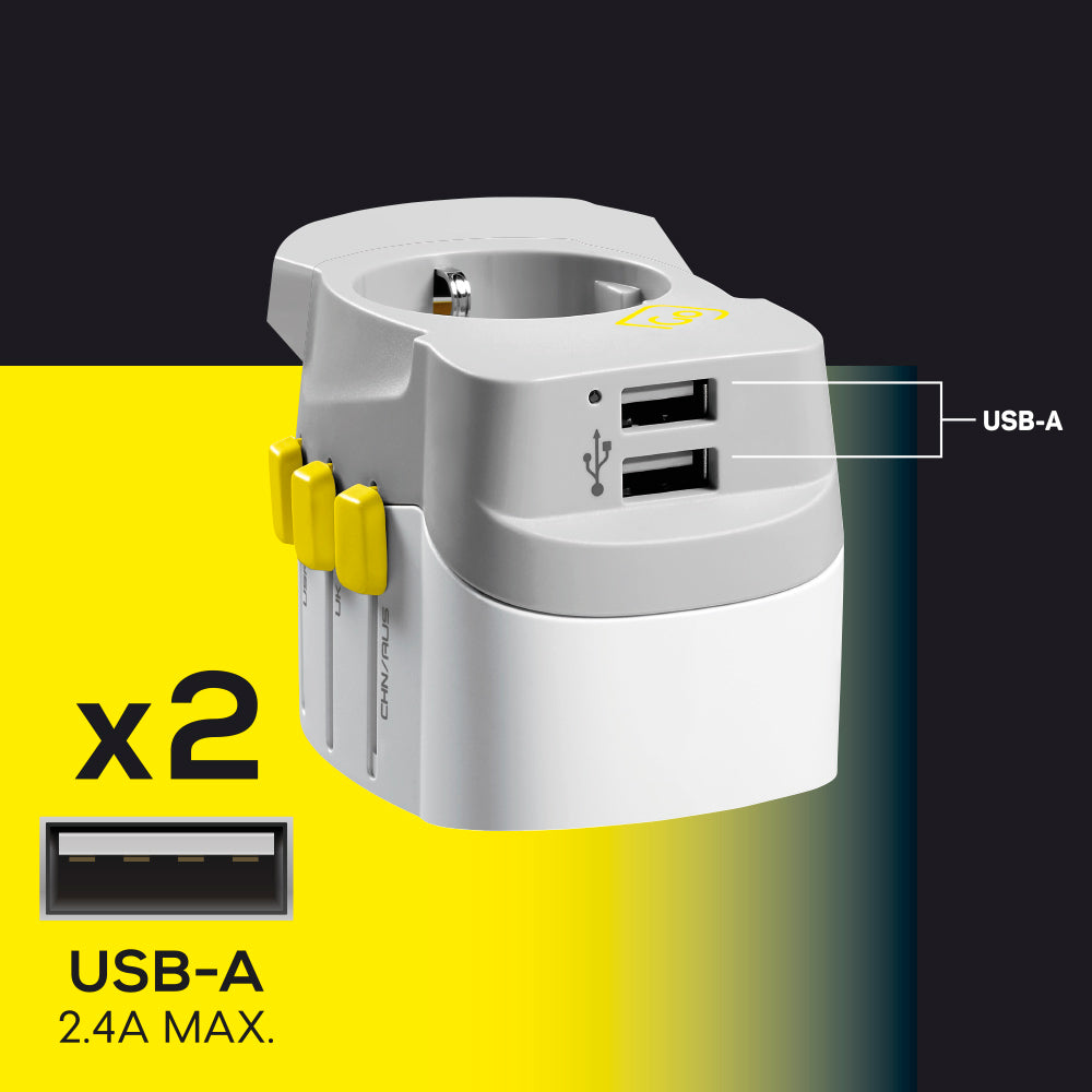 Go Travel Worldwide Adaptor + Twin USB-A – front view