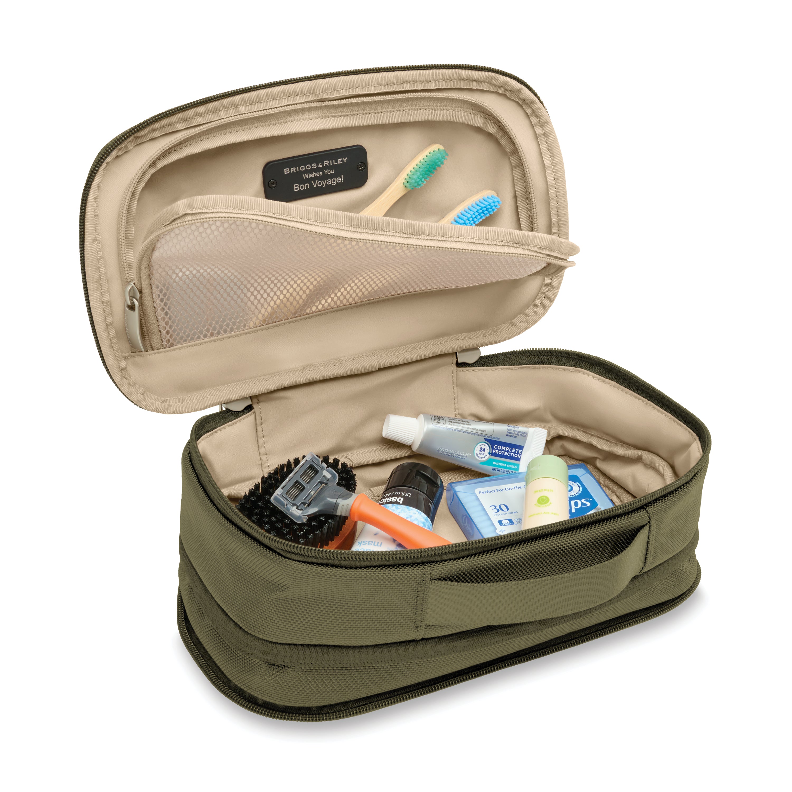 Briggs & Riley Baseline Expandable Essentials Kit in Olive — interior view # color_Olive