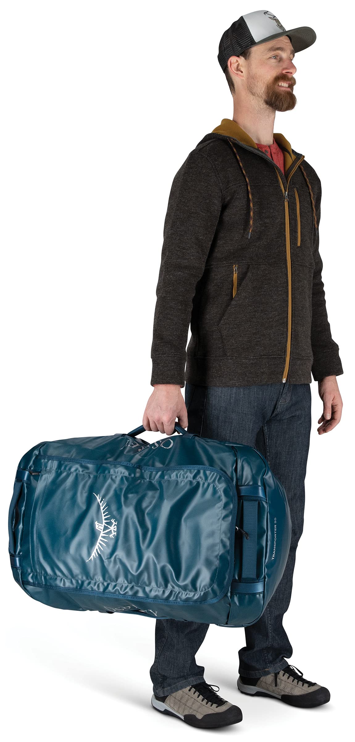 Osprey Transporter 95L Expedition Duffel in Venturi Blue — lifestyle
