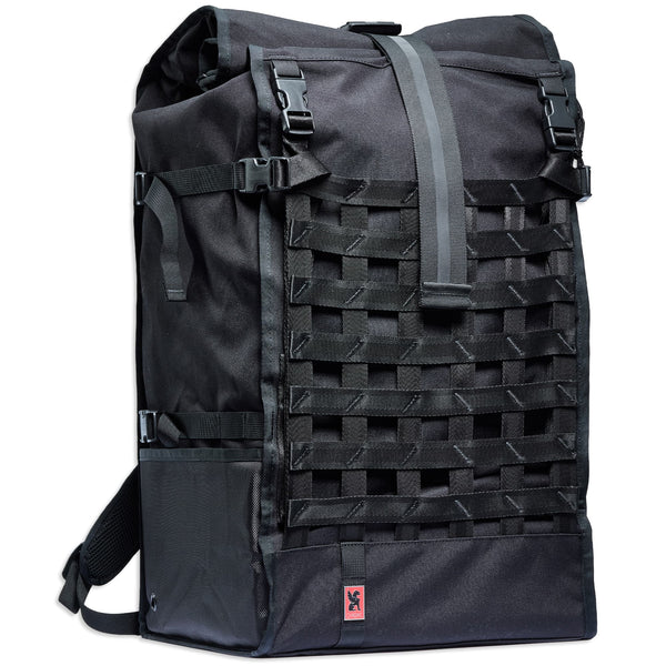 Chrome Industries Barrage Pro Pack 80L backpack – black, rear view showing harness
