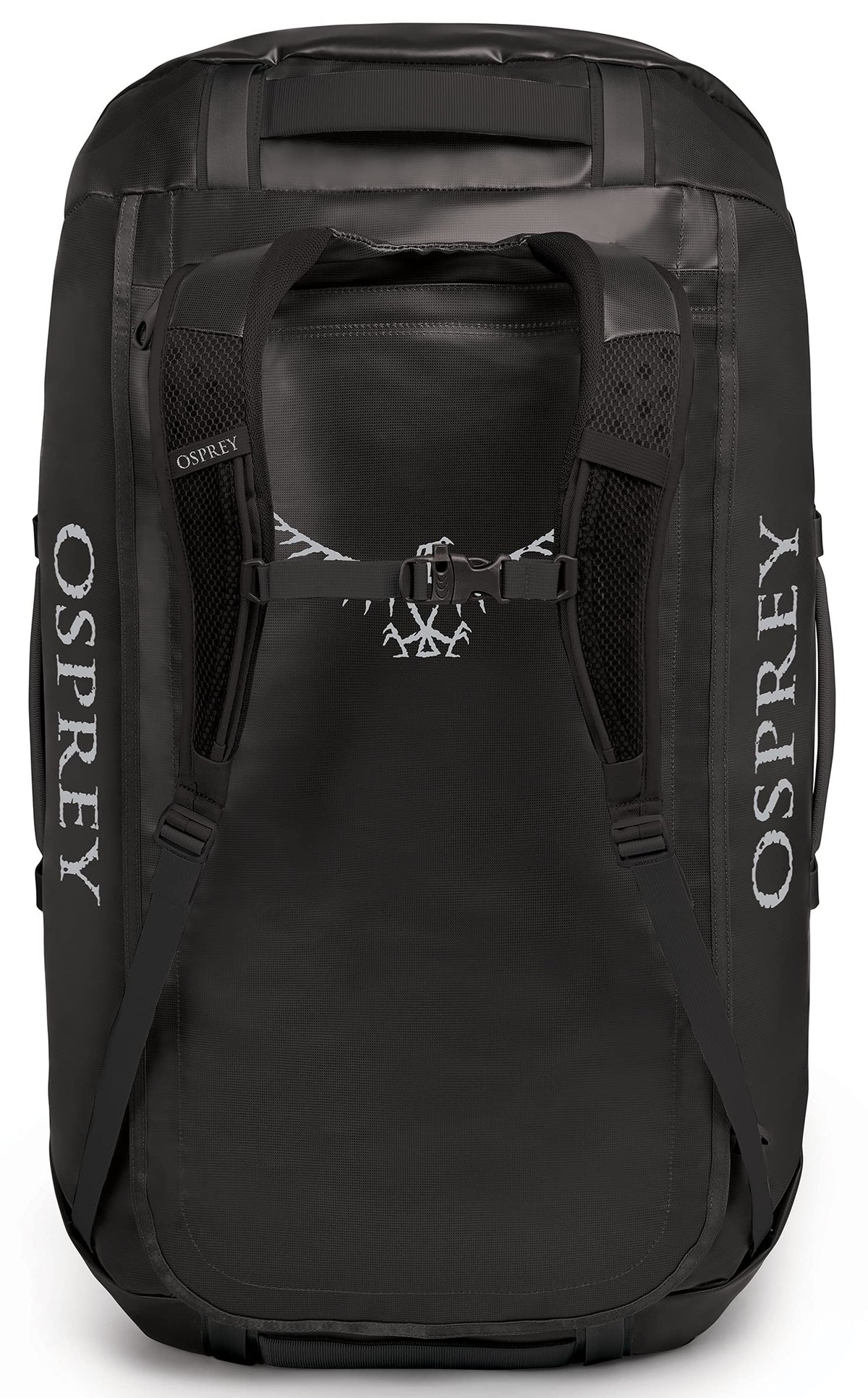 Osprey Transporter 120L Expedition Duffel Bag in Black — back view with harness