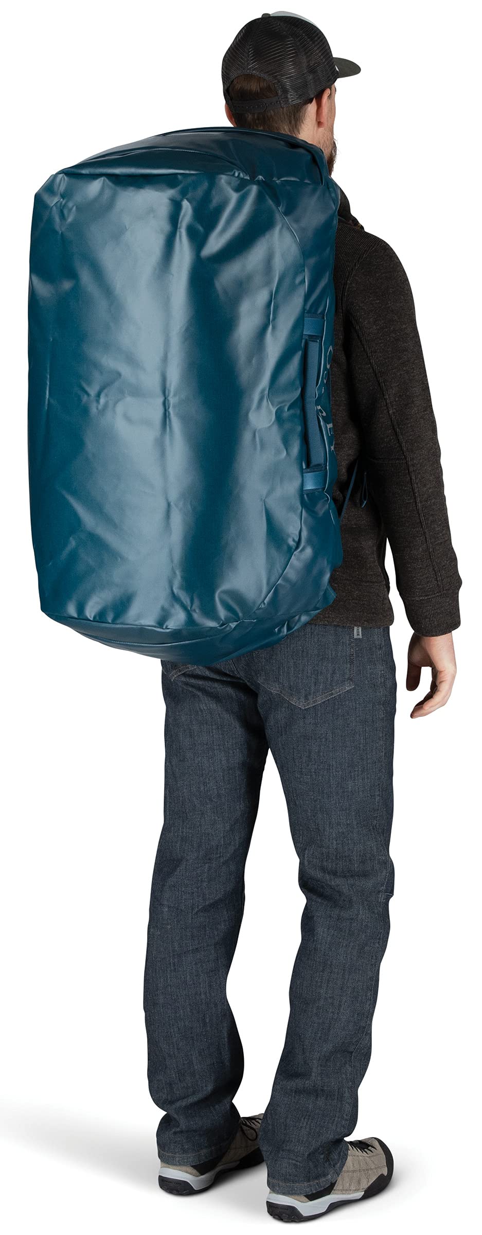 Osprey Transporter 120L Expedition Duffel Bag in Venturi Blue — carried as a backpack