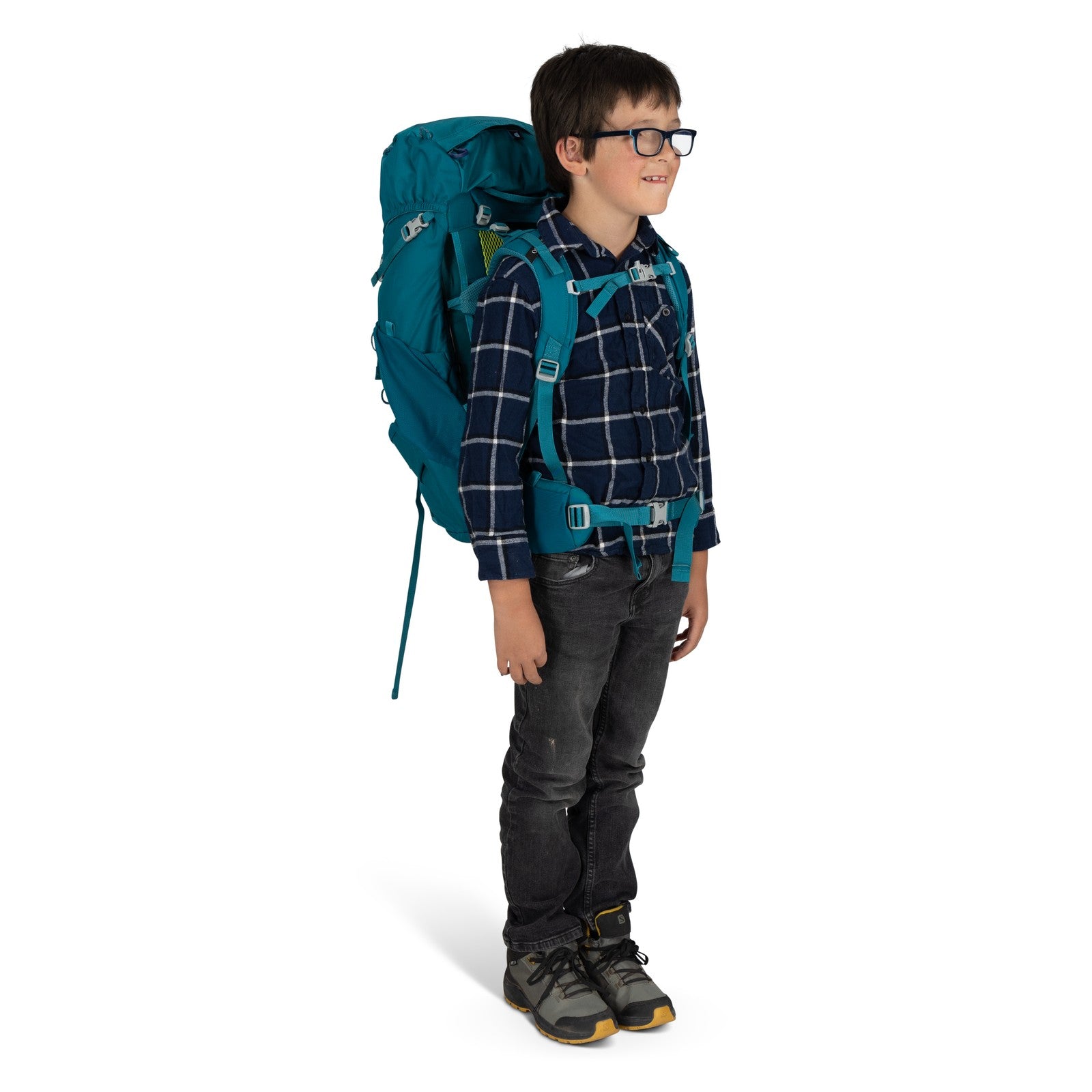 Osprey Ace 38 Kids Hiking Backpack 38L in Blue Spikemoss/Deep Peyto — lifestyle