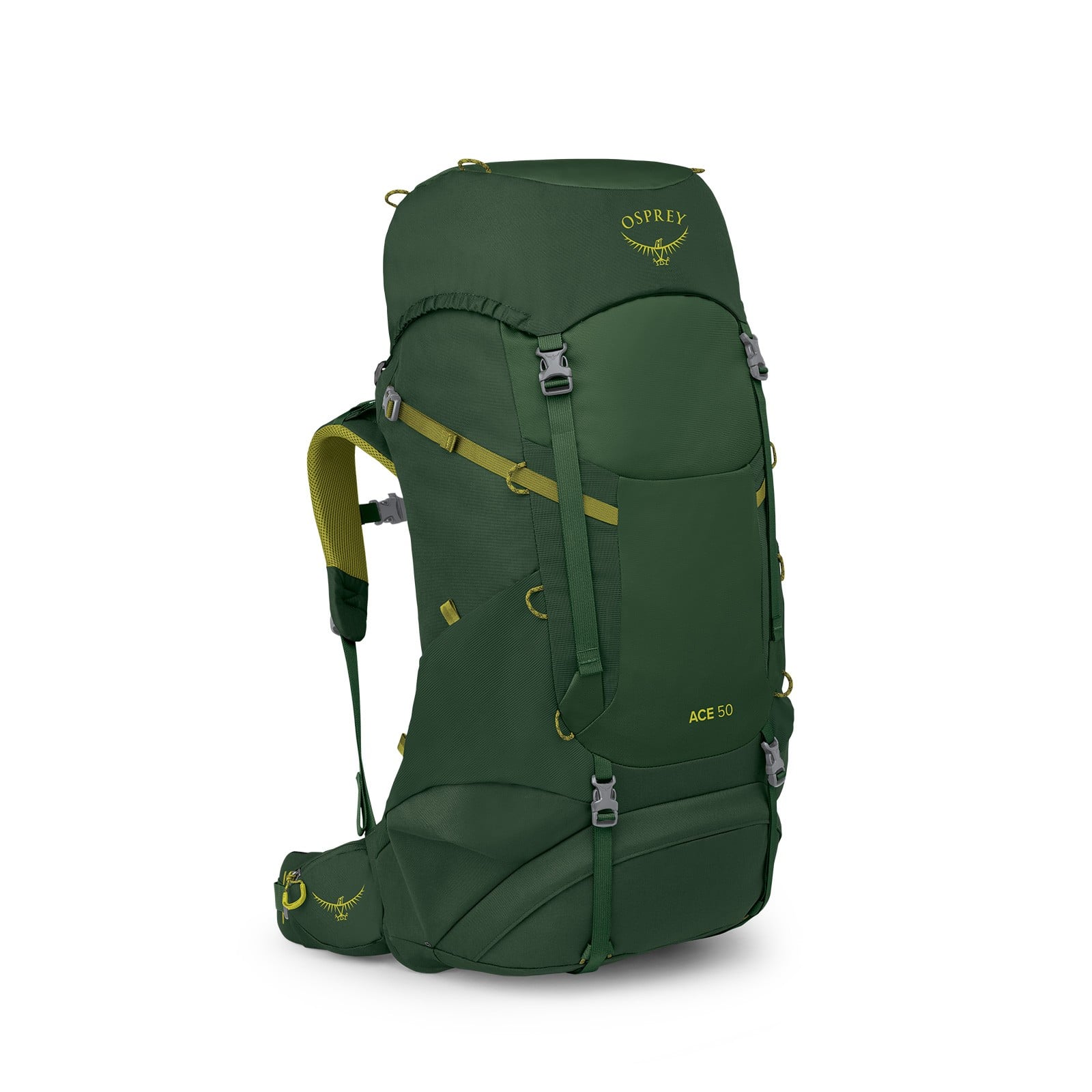 Osprey Ace 50 Kids Hiking Backpack 50L in Green Canopy/Matcha Green — front view