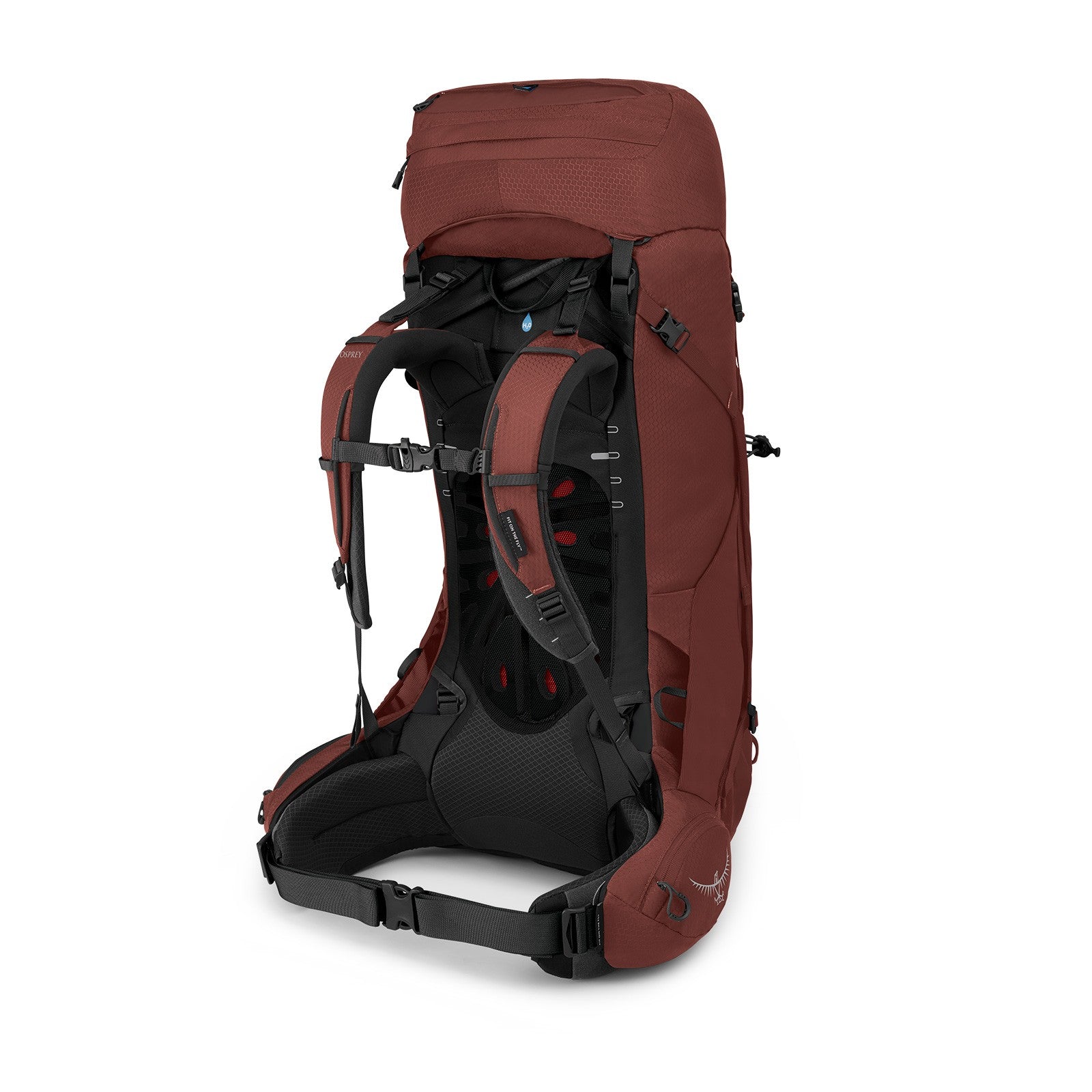 Osprey Aether 55 Hiking Backpack 55L in Acorn Red — angle view 4