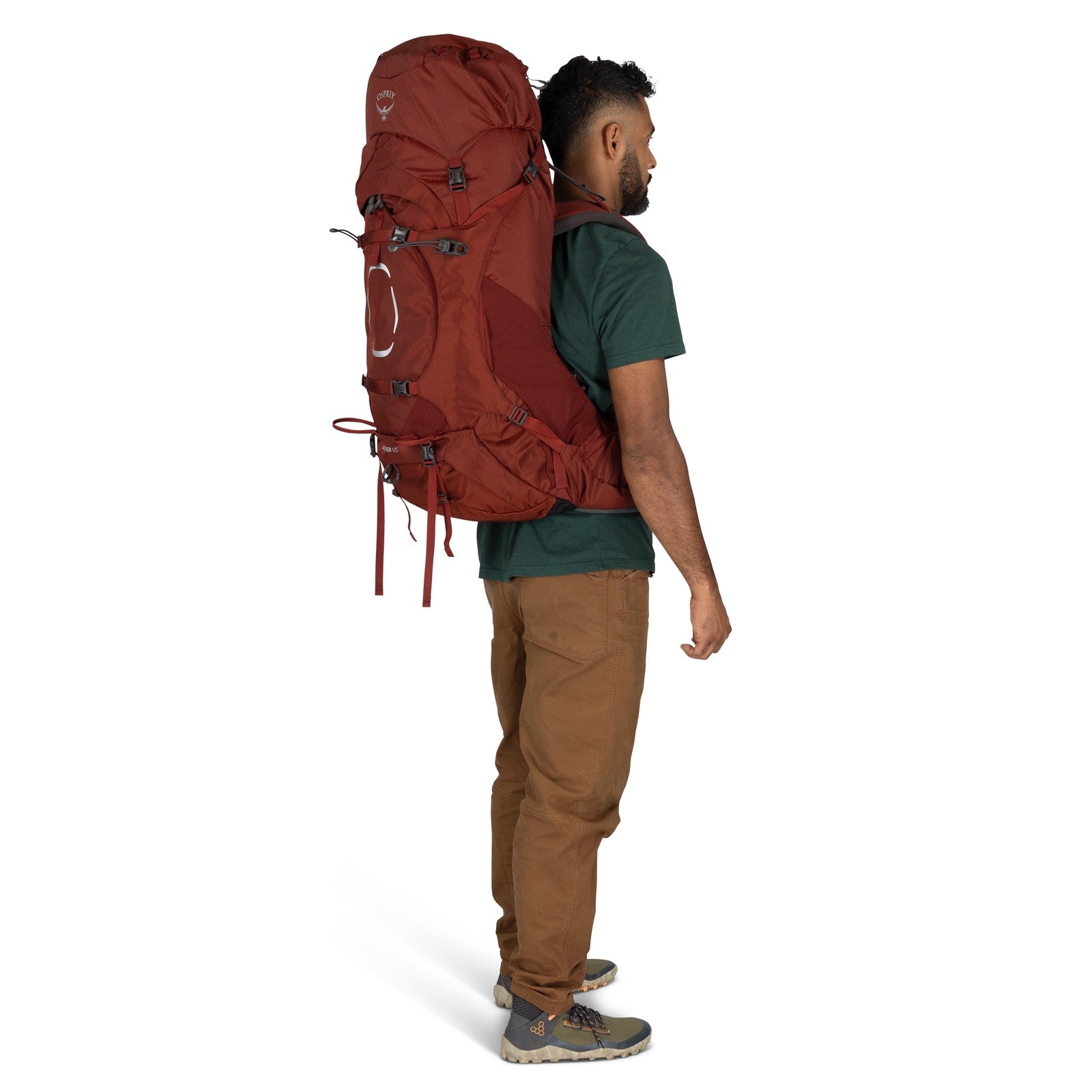 Osprey Aether 65 Hiking Backpack 65L in Acorn Red — lifestyle 2