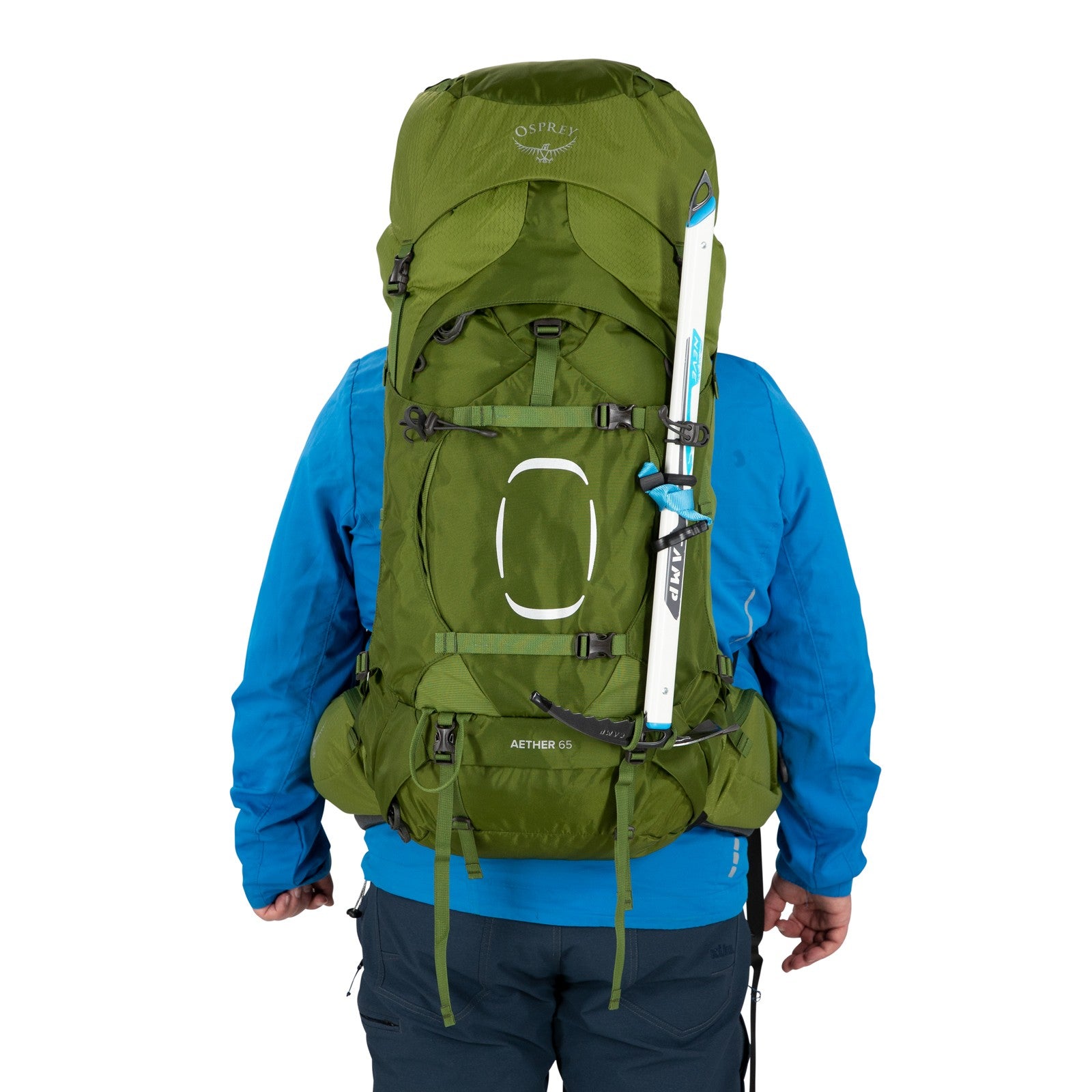 Osprey Aether 65 Extended Fit Hiking Backpack 65L in Garlic Mustard Green — lifestyle 4