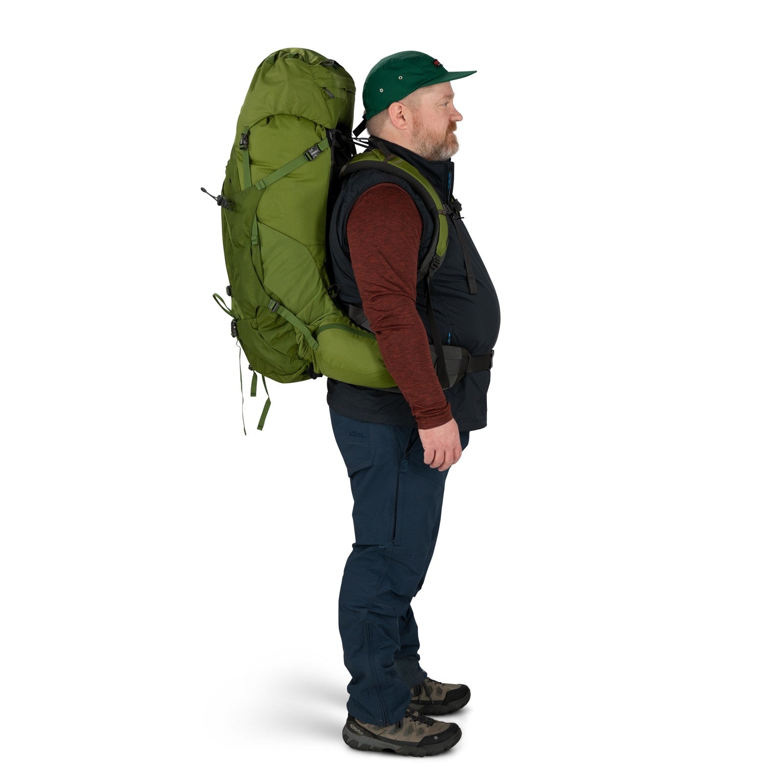 Osprey Aether 65 Extended Fit Hiking Backpack 65L in Garlic Mustard Green — lifestyle 2