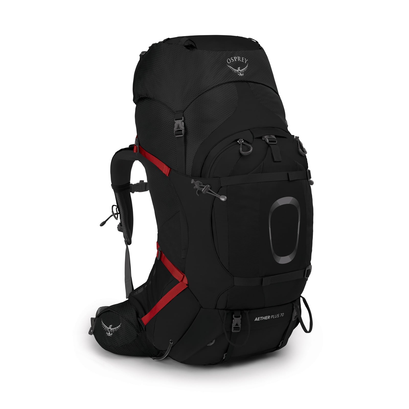 Osprey Aether Plus 70 Hiking Backpack 70L in Black — front view