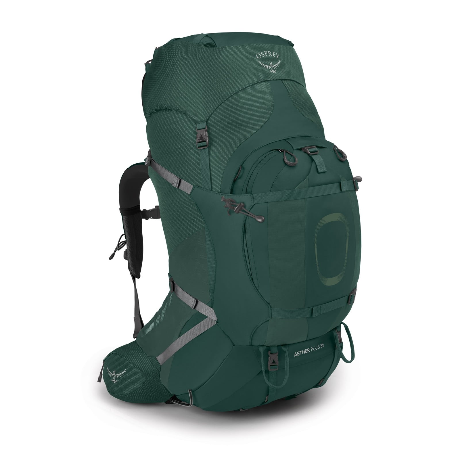Osprey Aether Plus 85 Hiking Backpack 85L in Axo Green — front view