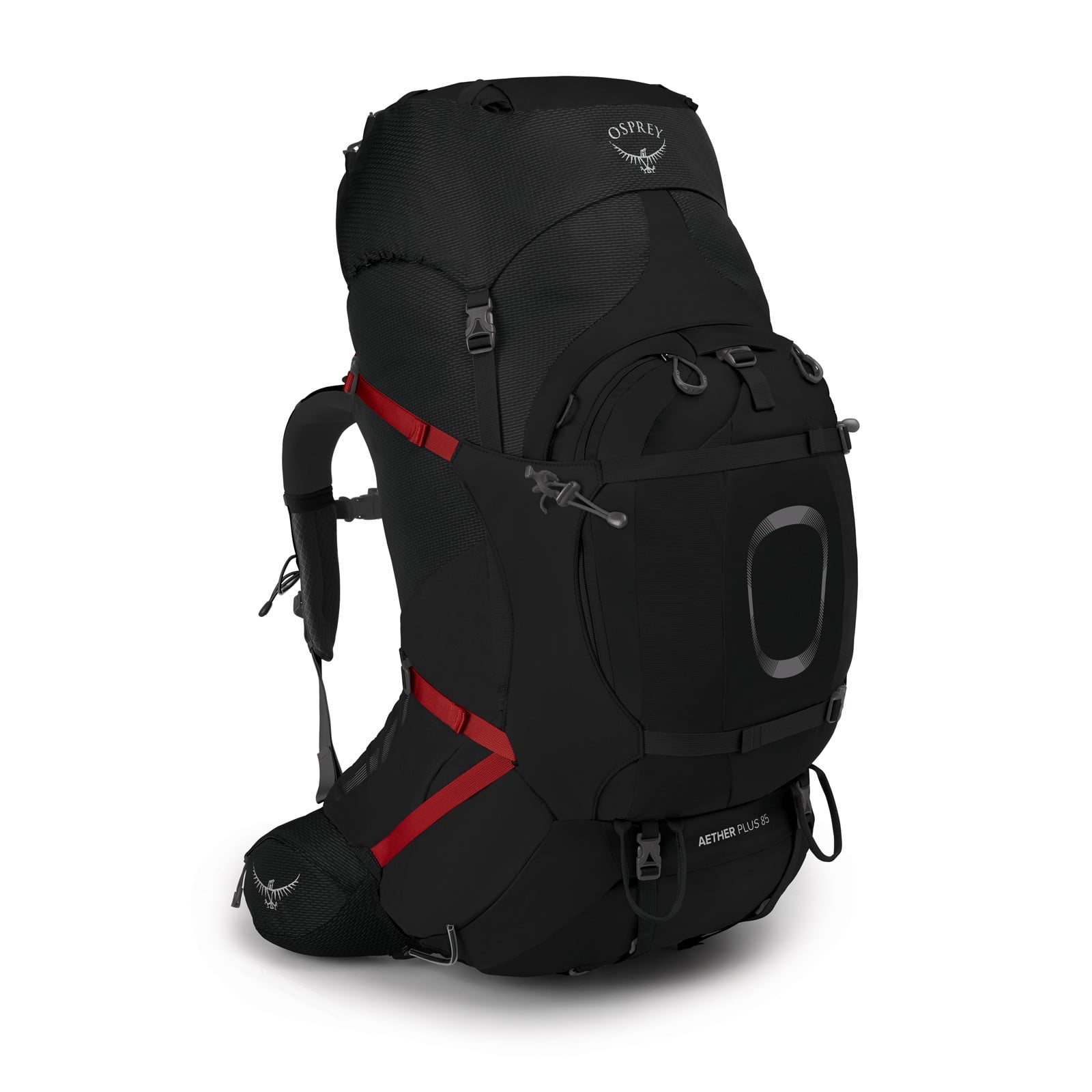 Osprey Aether Plus 85 Hiking Backpack 85L in Black — front view