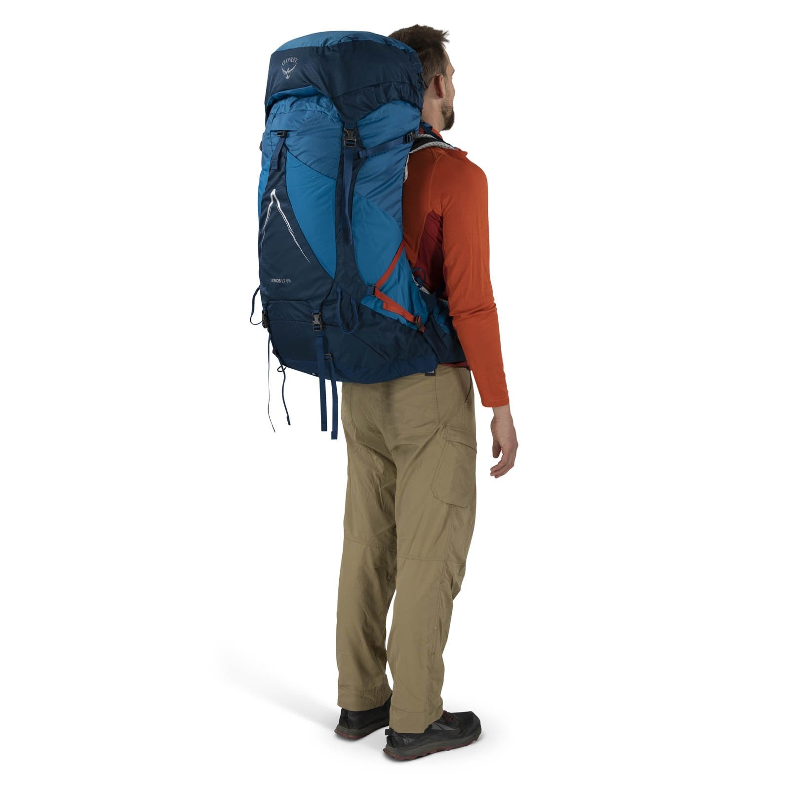 Osprey Atmos AG LT 65 Backpacking Pack 65L in Night Shift/Scoria Blue — lifestyle 3