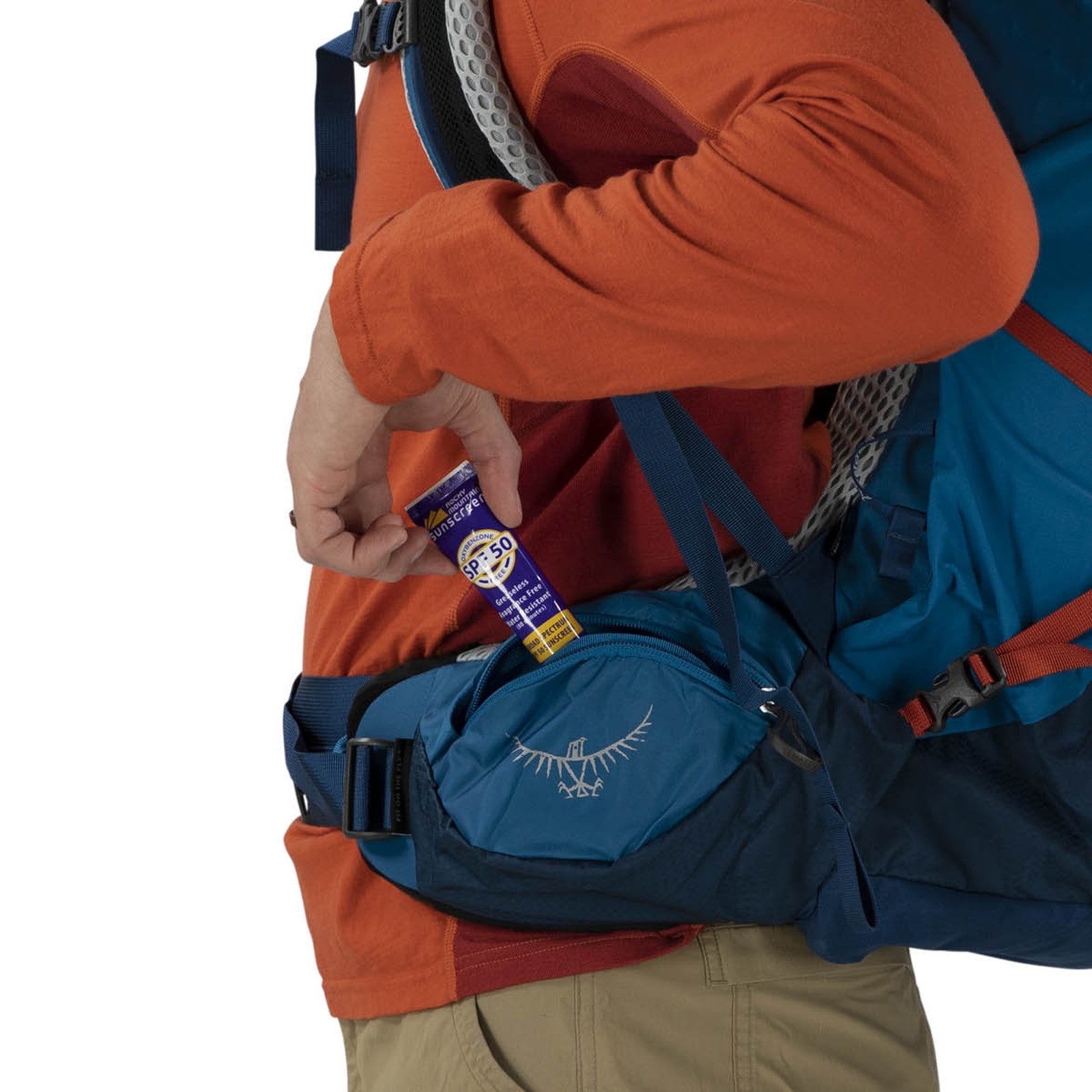 Osprey Atmos AG LT 65 Backpacking Pack 65L in Night Shift/Scoria Blue — detail view