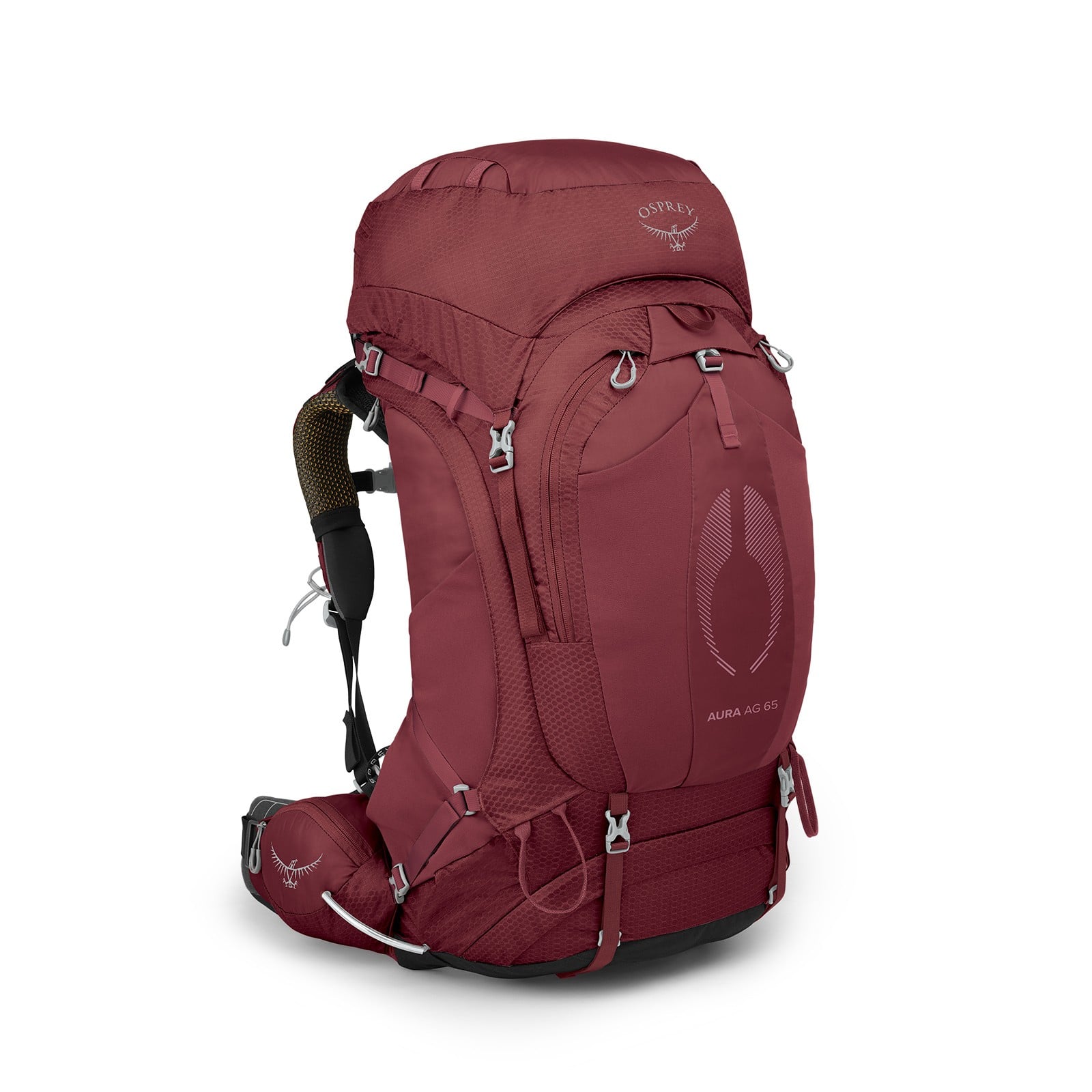 Osprey Aura AG 65 Backpacking Pack 65L in Berry Sorbet Red — front view