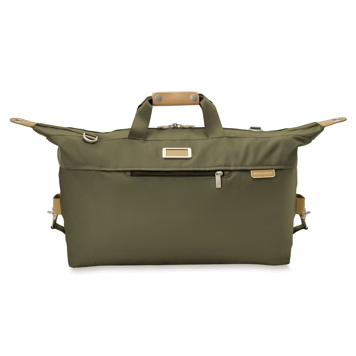 Briggs & Riley Baseline Weekender Duffle in Olive — front view (flaps extended)