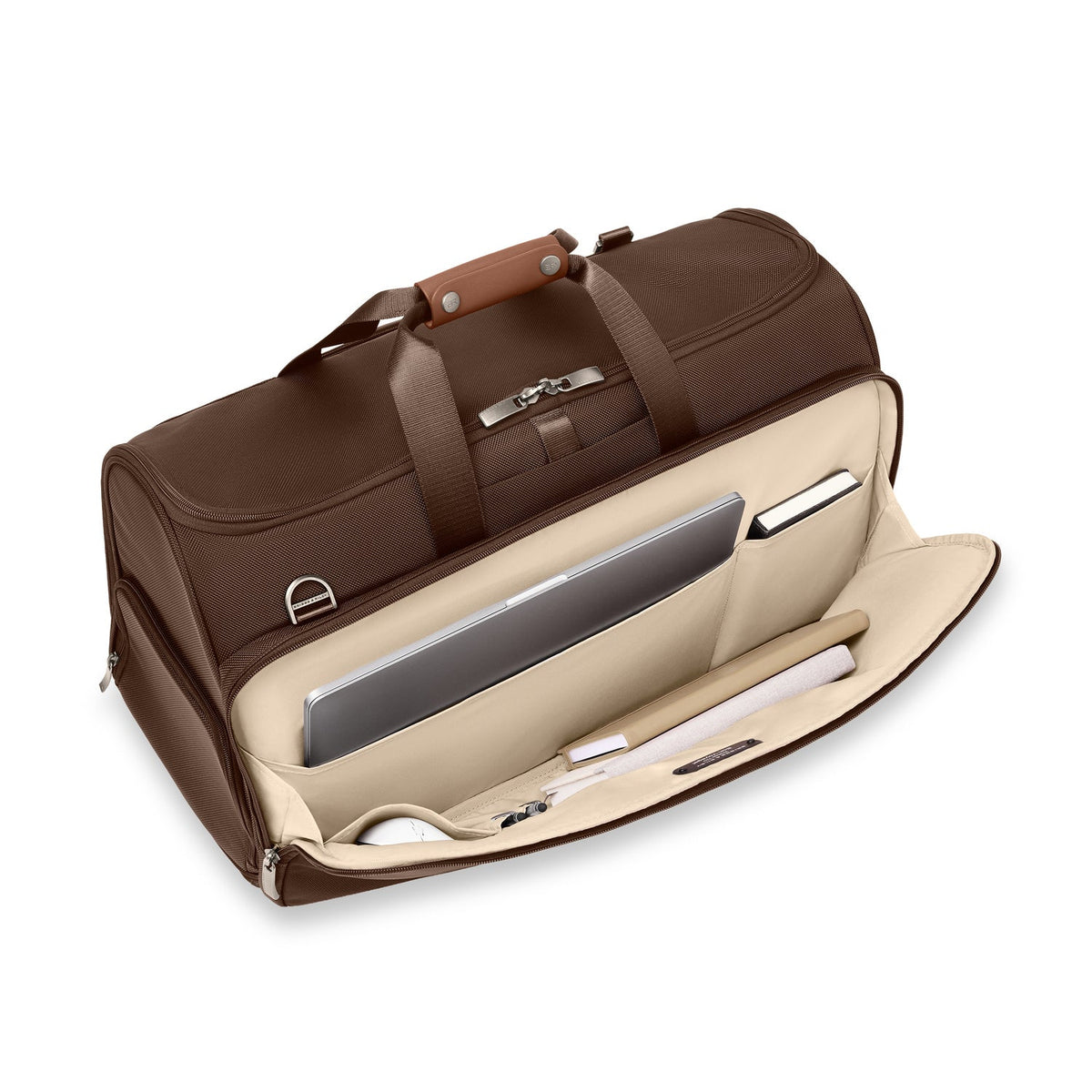 Briggs & Riley Baseline Garment Duffle in Chocolate — detail view