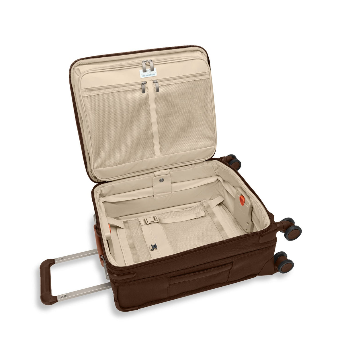 Briggs & Riley Baseline Global 21" Carry-On Expandable Spinner in Chocolate — interior view