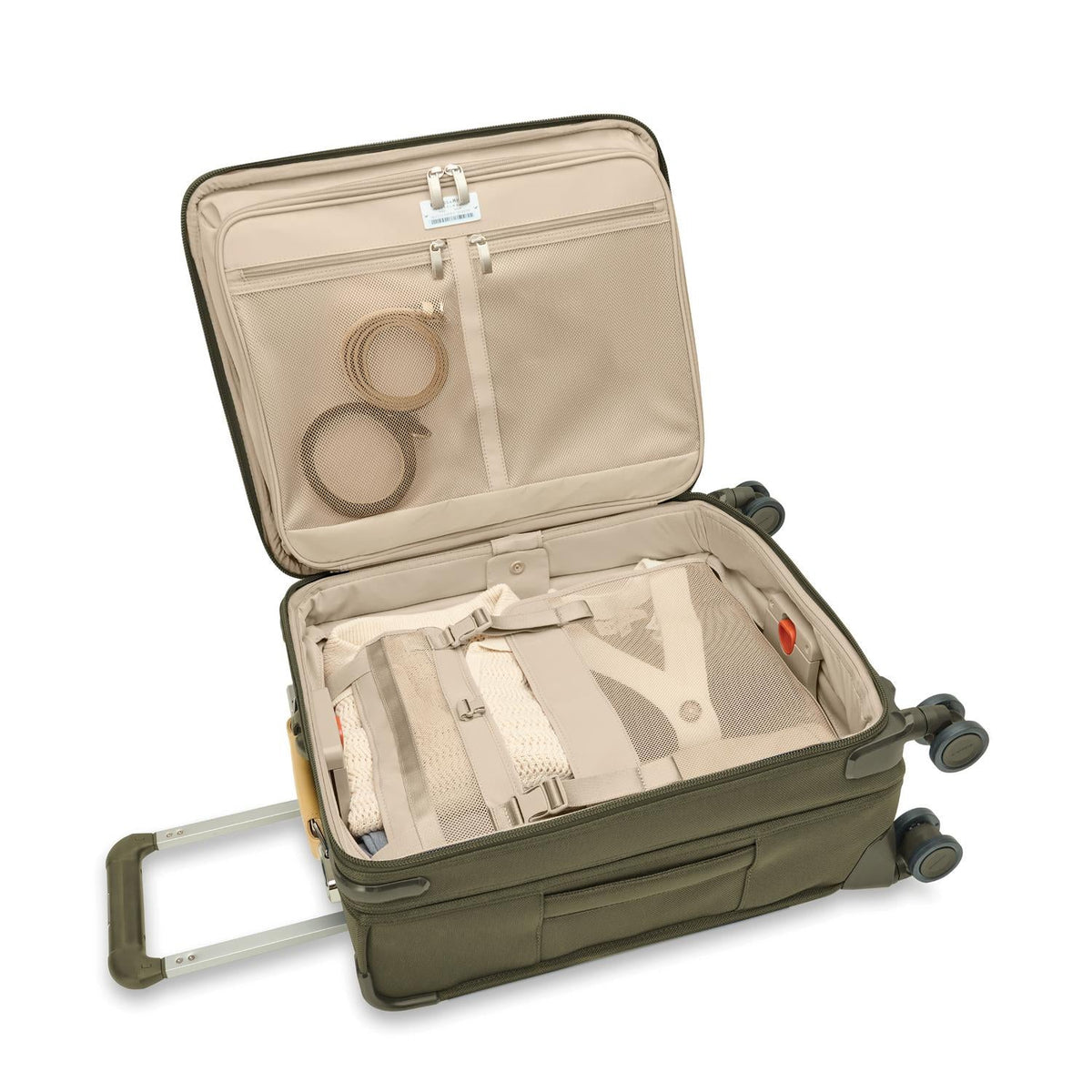 Briggs & Riley Baseline Global 21" Carry-On Expandable Spinner in Olive — interior view 3