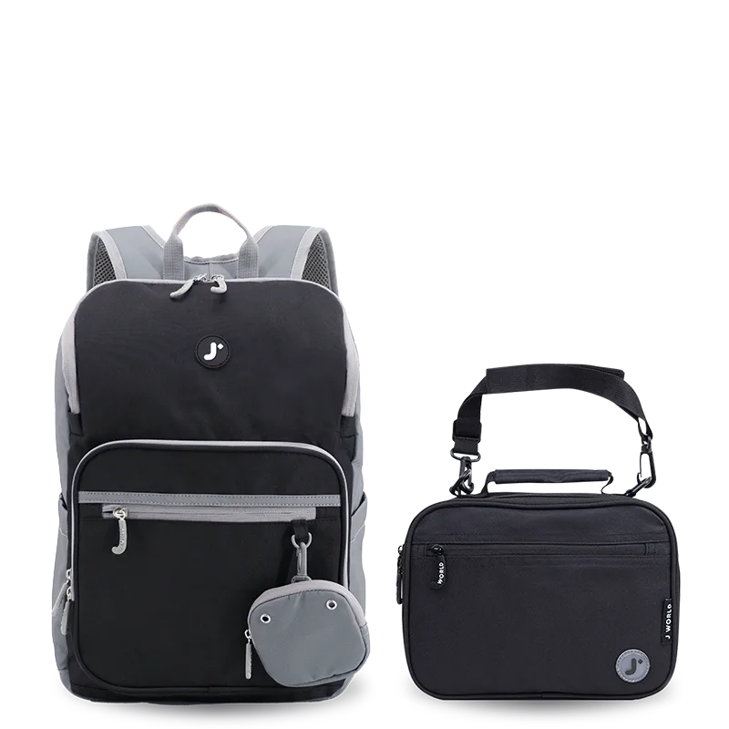 J World Junior Backpack With Lunch Box For School in Black — front view # color_Black