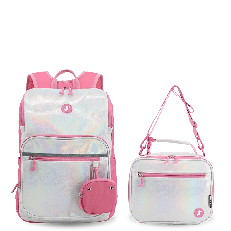 J World Junior Backpack With Lunch Box For School in Metallic Silver — front view # color_Metallic Silver