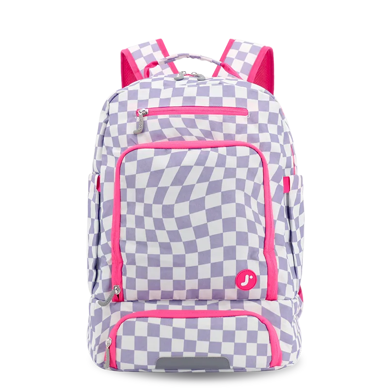 J World Packmate 2-in-1 Backpack With Built-in Lunch Bag in Lavender Checkers — front view 2 # color_Lavender Checkers