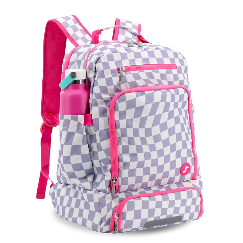J World Packmate 2-in-1 Backpack With Built-in Lunch Bag in Lavender Checkers — angle view 2 # color_Lavender Checkers