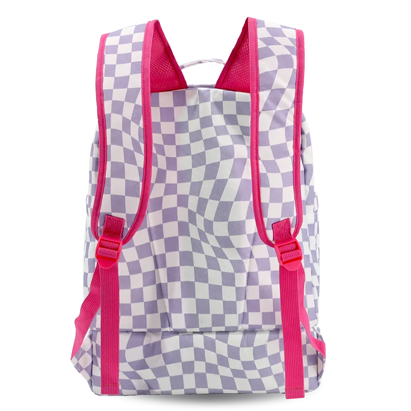 J World Packmate 2-in-1 Backpack With Built-in Lunch Bag in Lavender Checkers — back view # color_Lavender Checkers