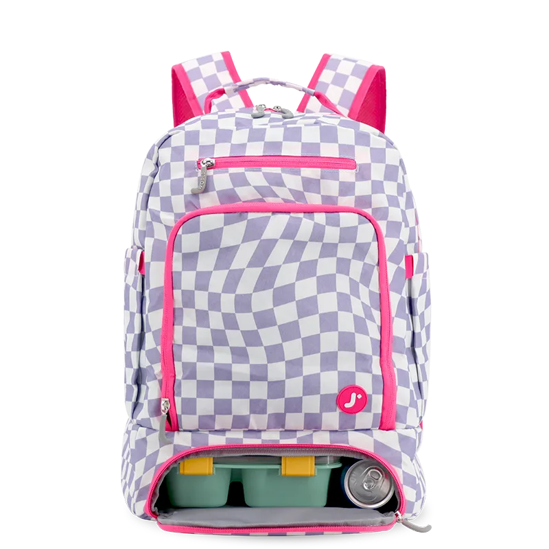 J World Packmate 2-in-1 Backpack With Built-in Lunch Bag in Lavender Checkers — front view # color_Lavender Checkers
