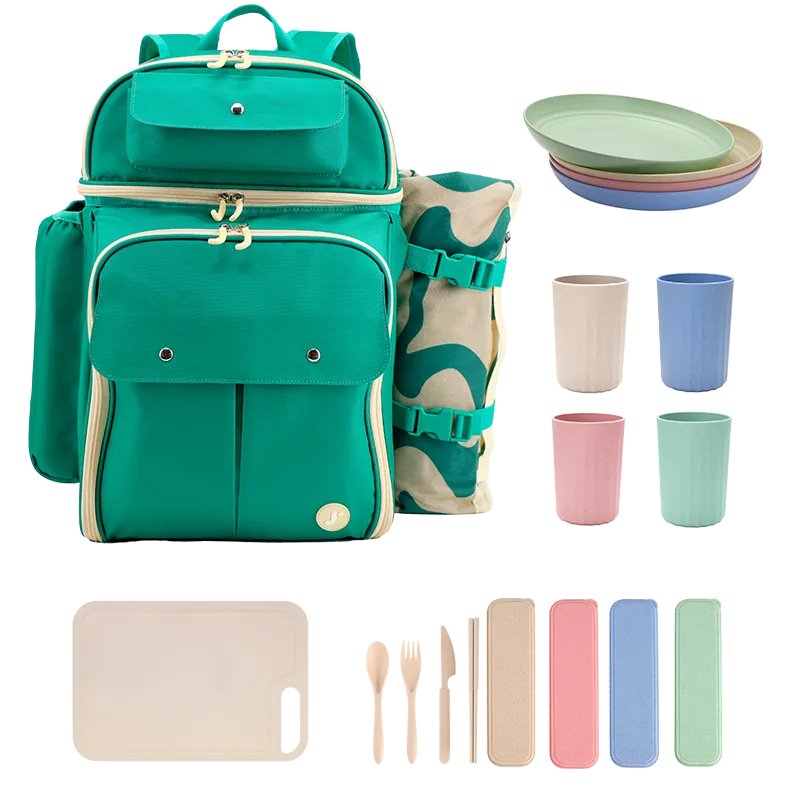 J World Picnic Backpack with Insulated Compartments & Picnic Mat in Green — front view 2 # color_Green