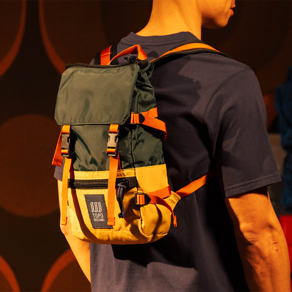 Topo Designs Rover Pack Mini in Forest Goldenrod — lifestyle # color_Forest Goldenrod